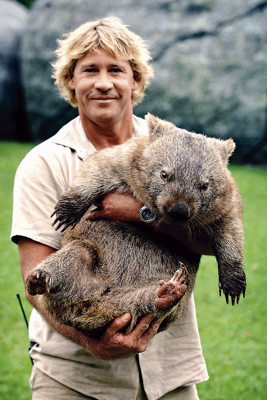 Steve Irwin with a wombat at his Sunshine Coast animal sanctuary, Australia Zoo, Queensland, 28 March 2003.. | Source: Getty Images