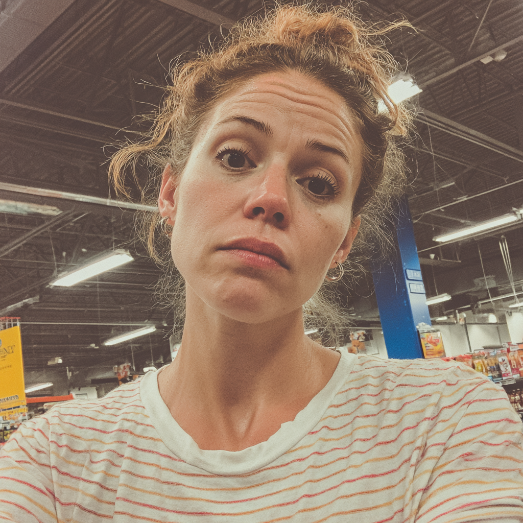 An emotional woman standing in a grocery store | Source: Midjourney