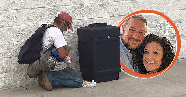 Homeless man digs through rubbish bin looking for leftover food [main] The principal who helped a homeless man is photographed alongside his wife [inset] | Photo: facebook.com/john.k.brantley 