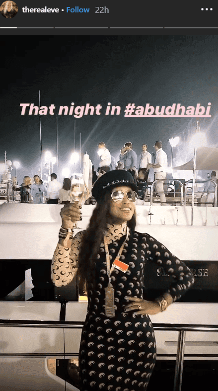 Screenshot of Eve posing atop a yacht in Abu Dhabi | Photo: Instagram/therealeve