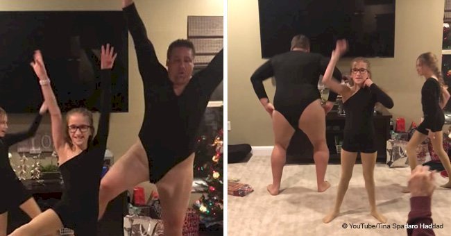 Hilarious dad slips into skin-tight leotard to join his girls in a dancing video