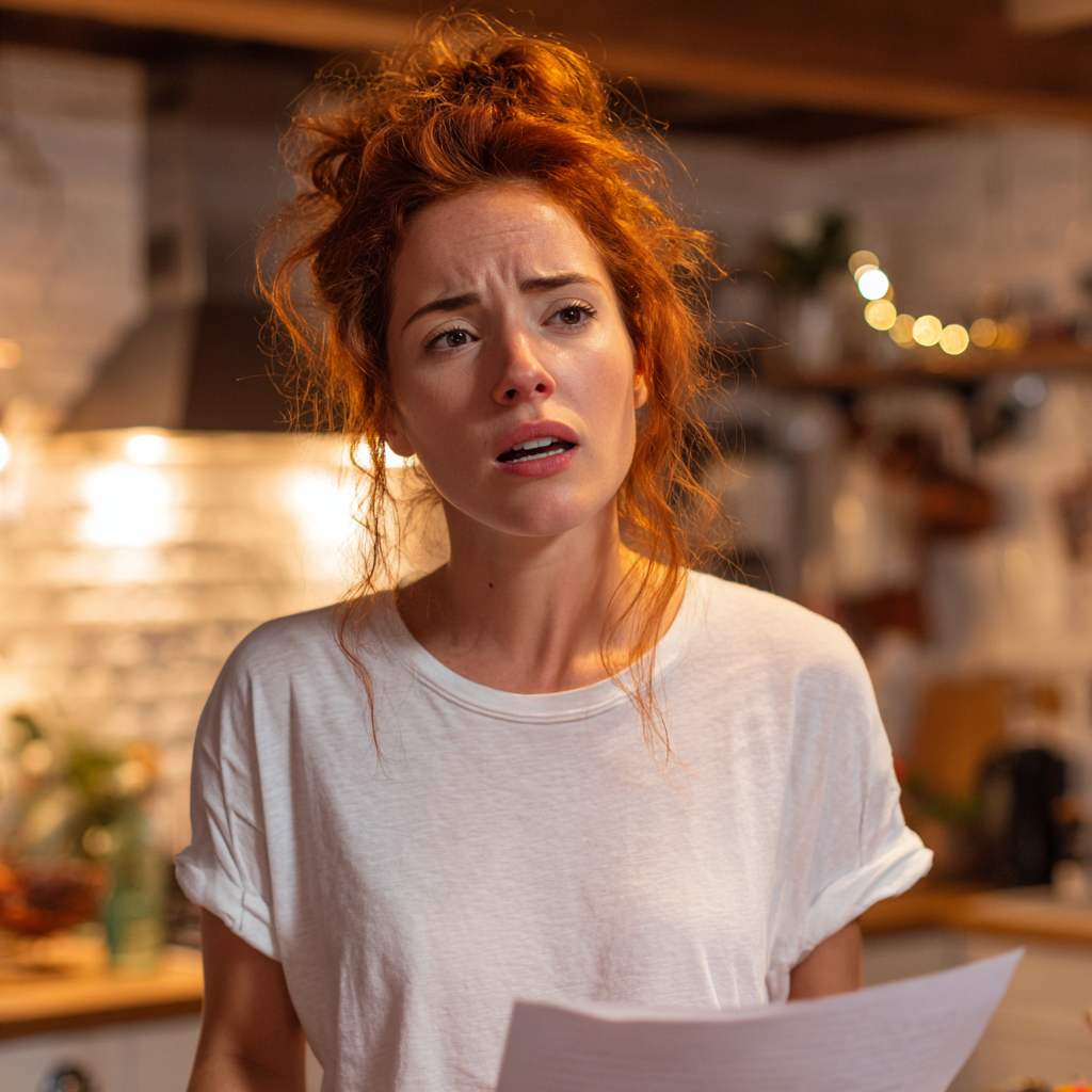 A frowning woman holding a piece of paper | Source: Midjourney
