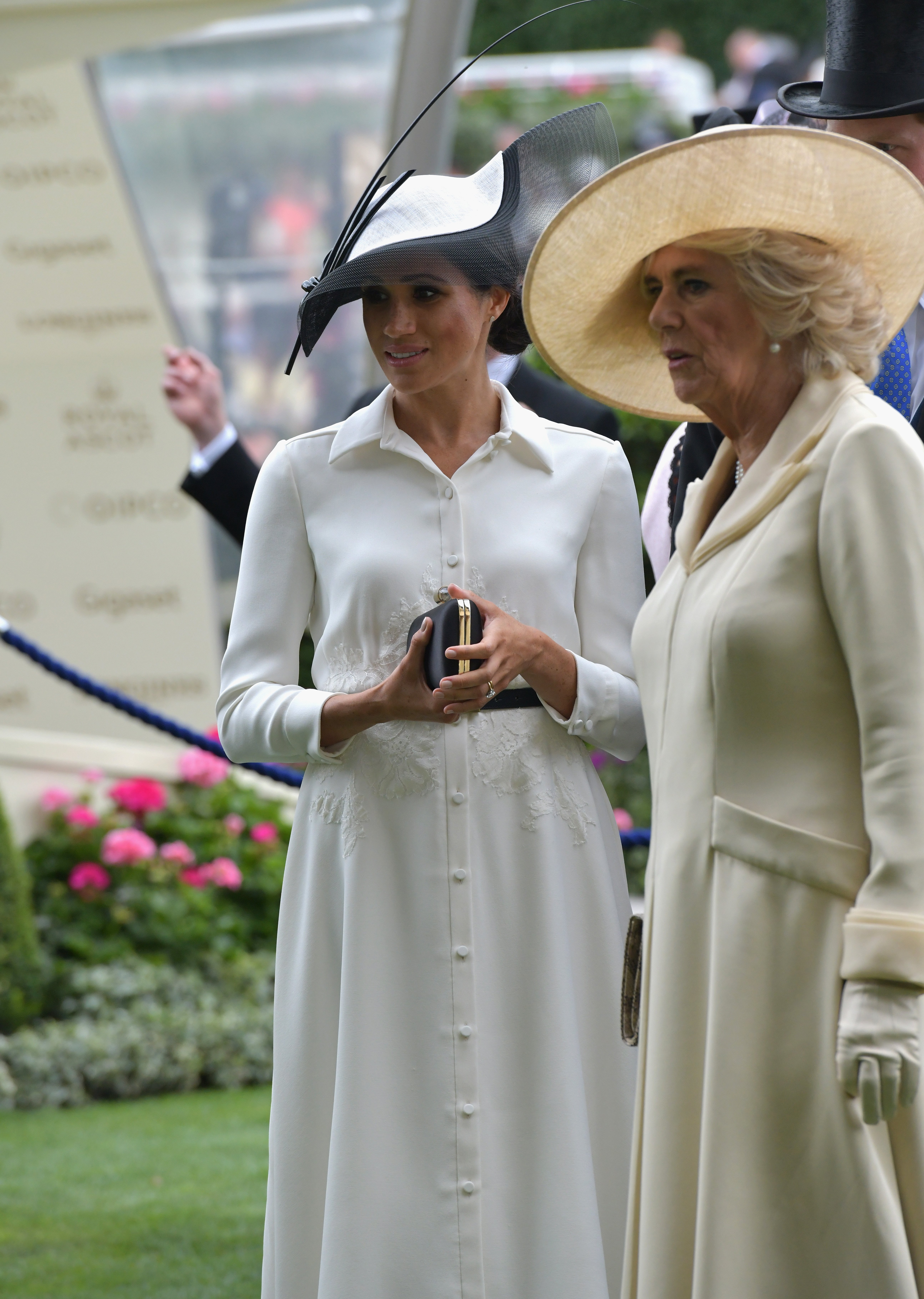 Meghan Duchess of Sussex and Camilla Duchess of Cornwall arrive on day 1 of Royal Ascot at Ascot Racecourse on June 19, 2018 in Ascot, England. | Source: Getty Images