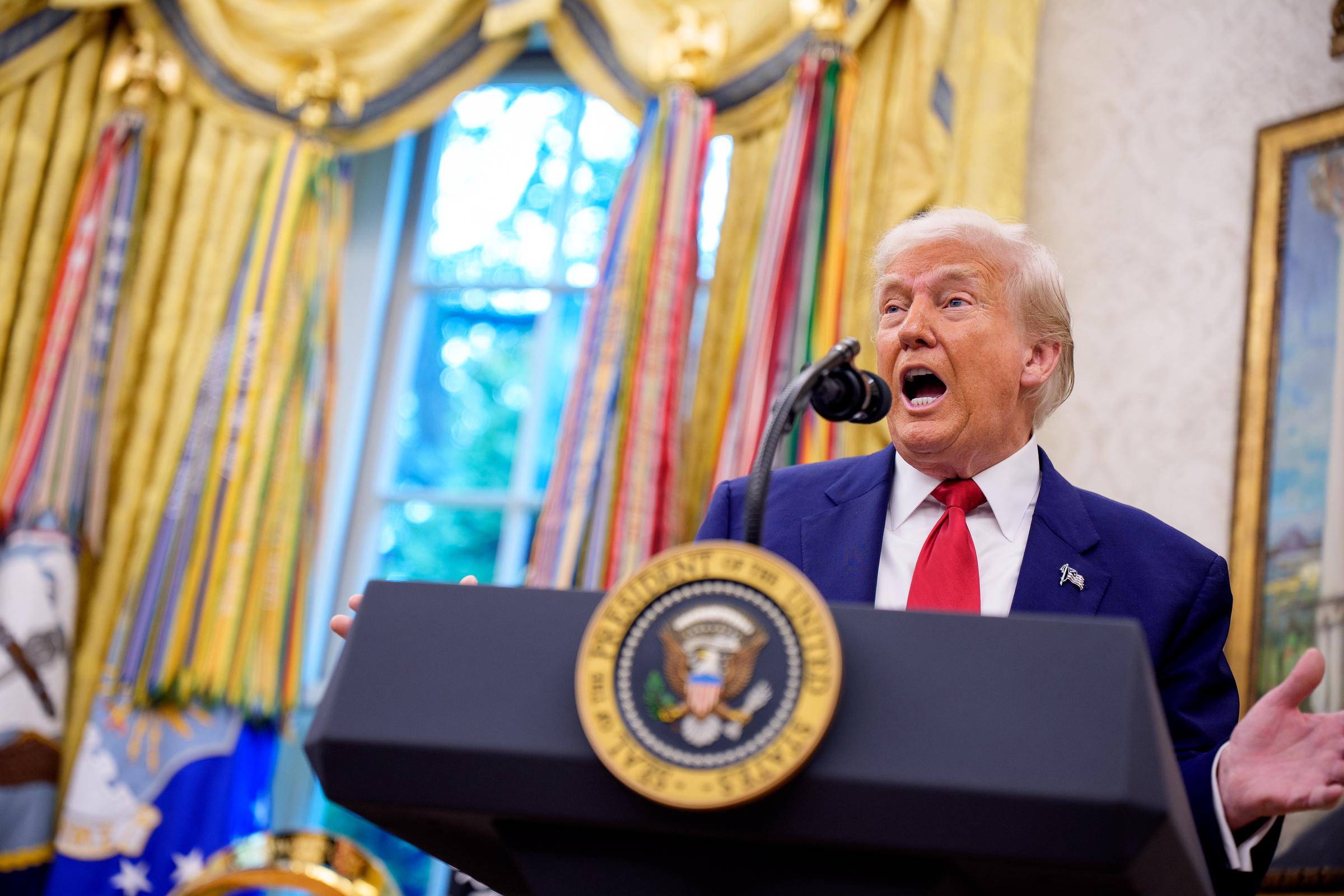 President Donald Trump speaks during a swearing in ceremony for Attorney for Washington, D.C. Jeanine Pirro in the White House on May 28, 2025, in Washington, D.C. | Source: Getty Images