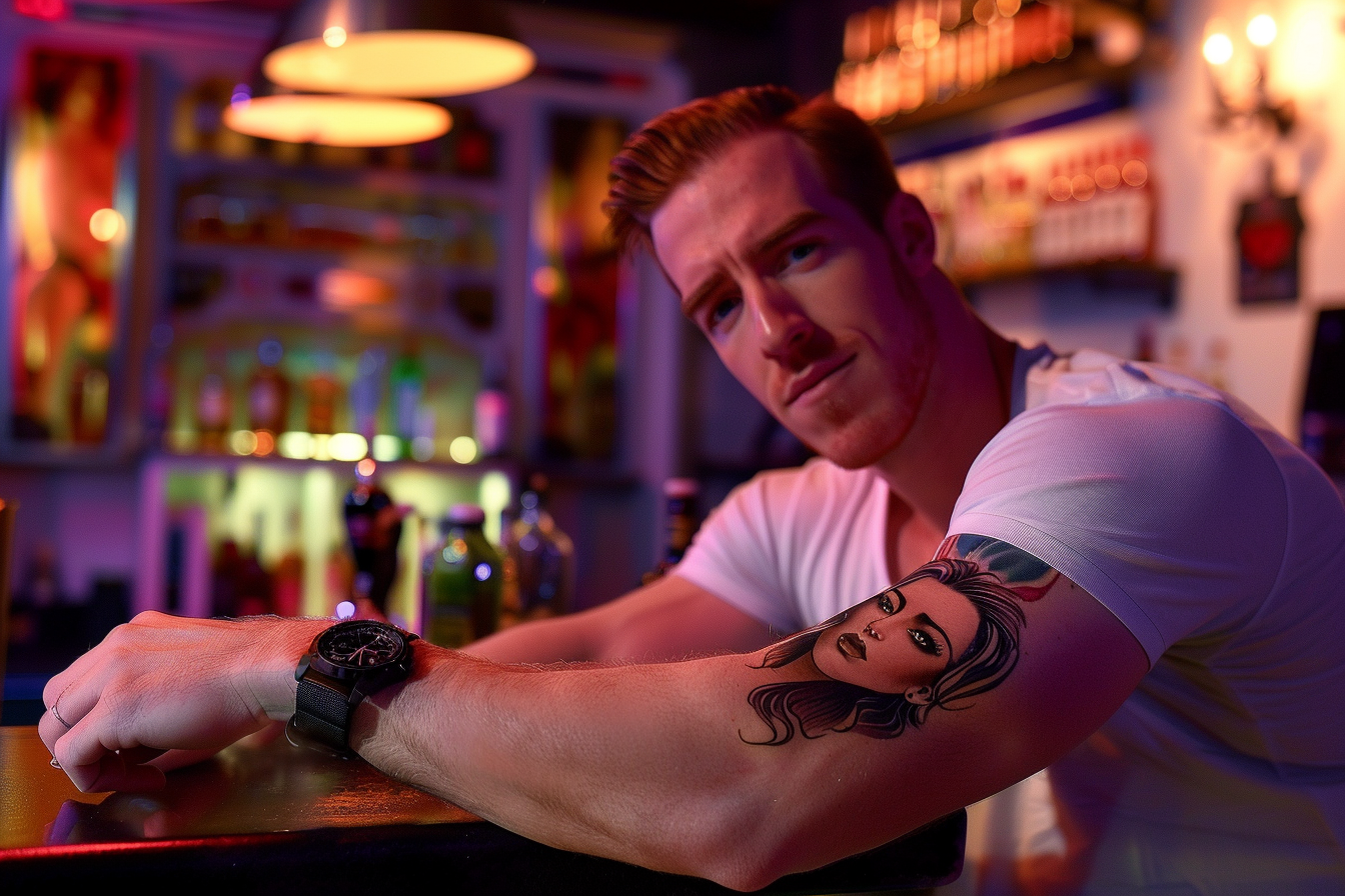 A man leaning against a bar and with a big tattoo of a woman on his upper arm | Source: Midjourney