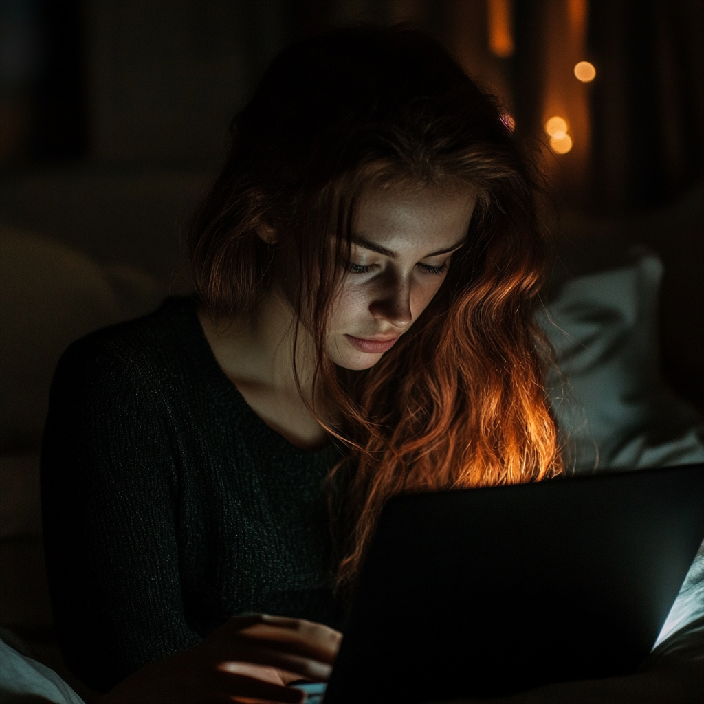 An emotional woman using her laptop | Source: Midjourney