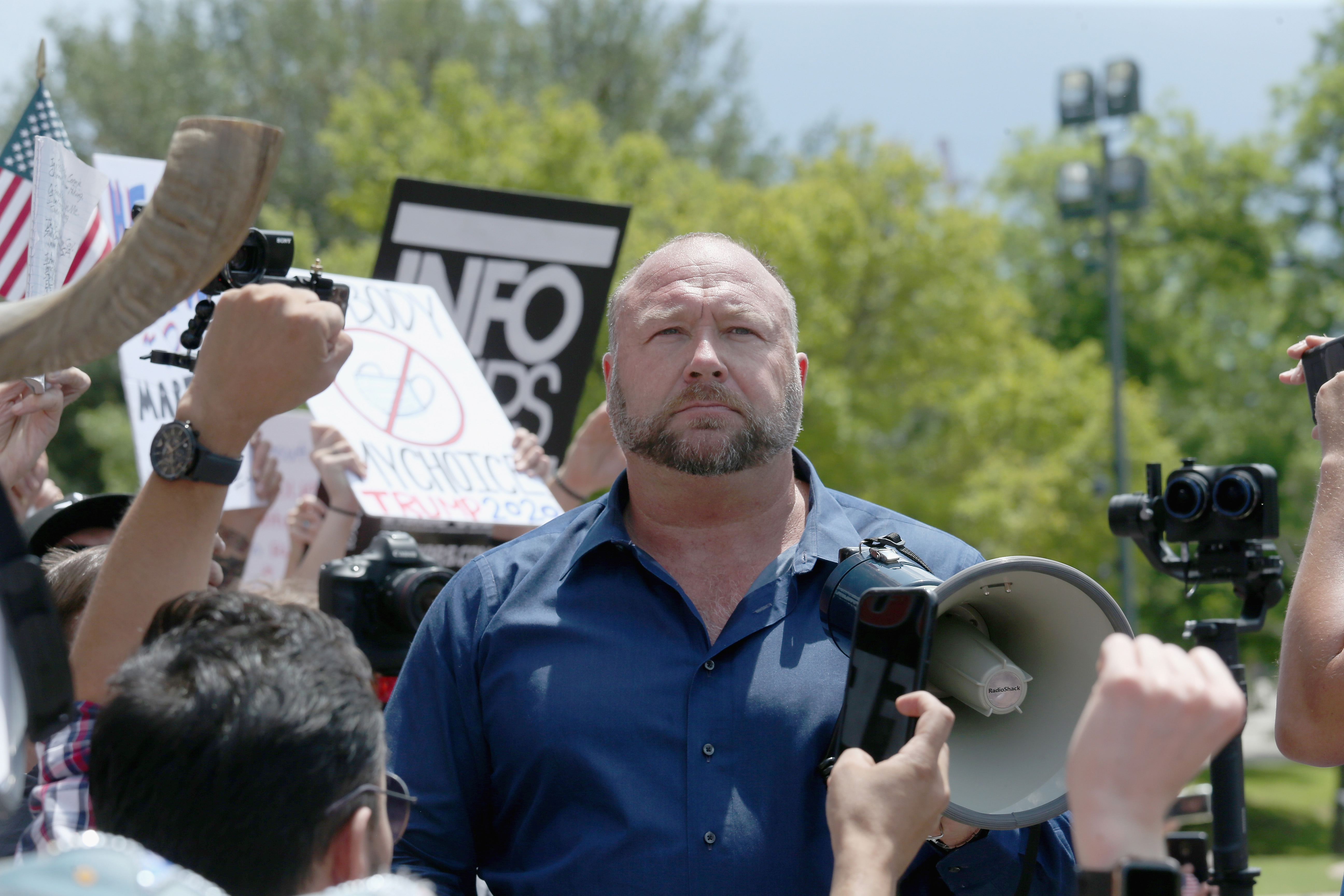 Infowars founder Alex Jones during a rally calling for the reopening of Austin and Texas in Austin, Texas on April 25, 2020. | Source: Getty Images