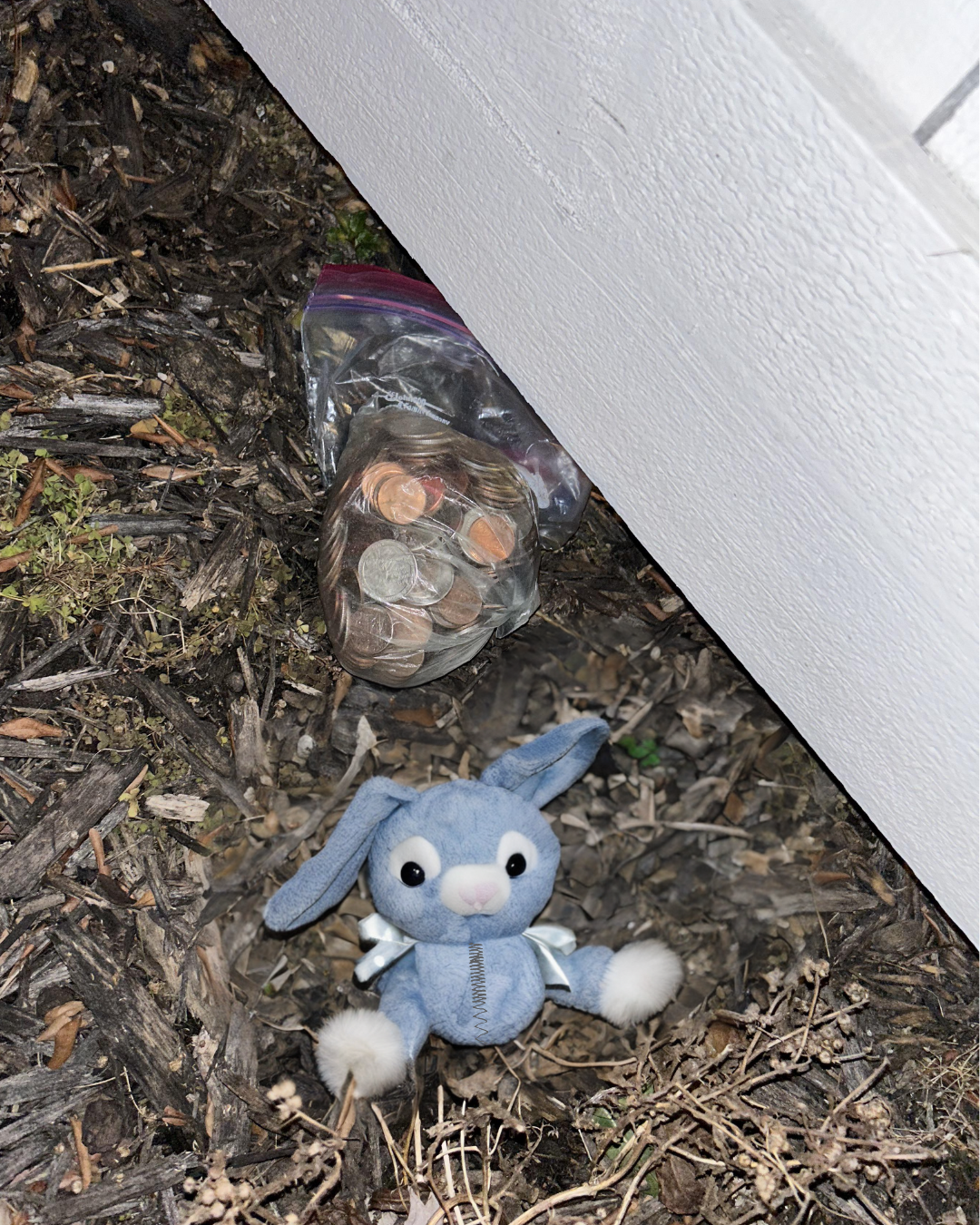 A plastic bag of coins and a small plush bunny lying under a fence in a yard | Source: Midjourney