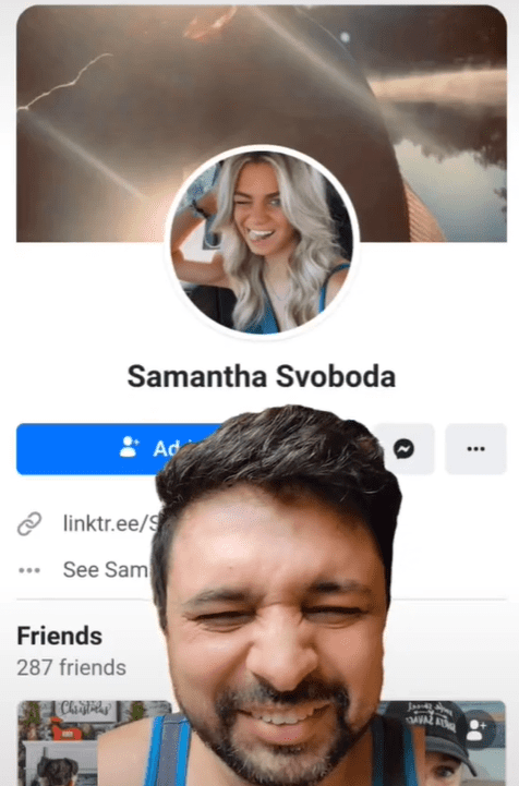 Danesh laughing in front of a snapshot of Samantha Svoboda’s allegedly official Facebook account. │Source: tiktok.com/thatdaneshguy
