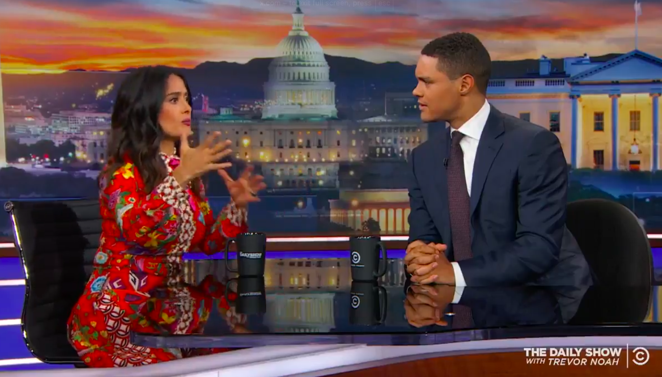 Salma Hayek recounting to Trevor Noah how Donald Trump had asked her out once, posted on June 9, 2017. | Source: X/@TheDailyShow