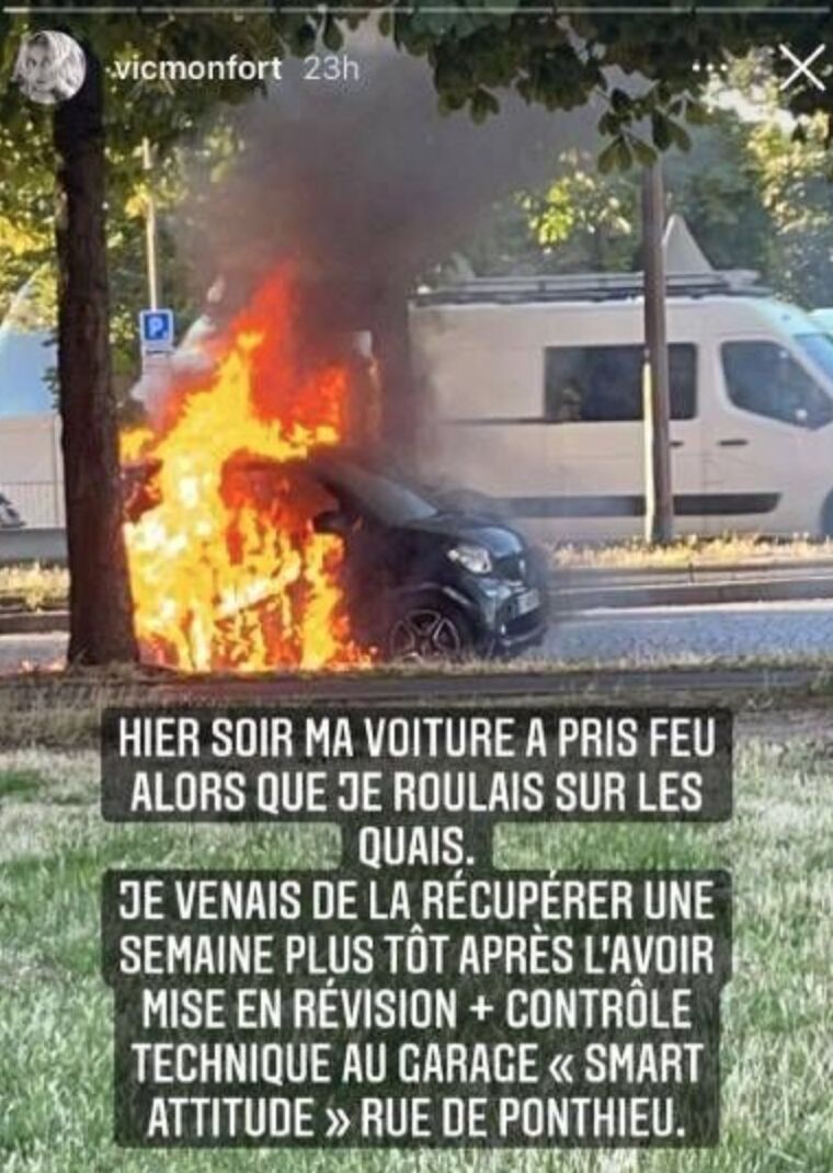  La voiture de Victoria Monfort en feu. | Photo : Story Instagram / vicmonfort 