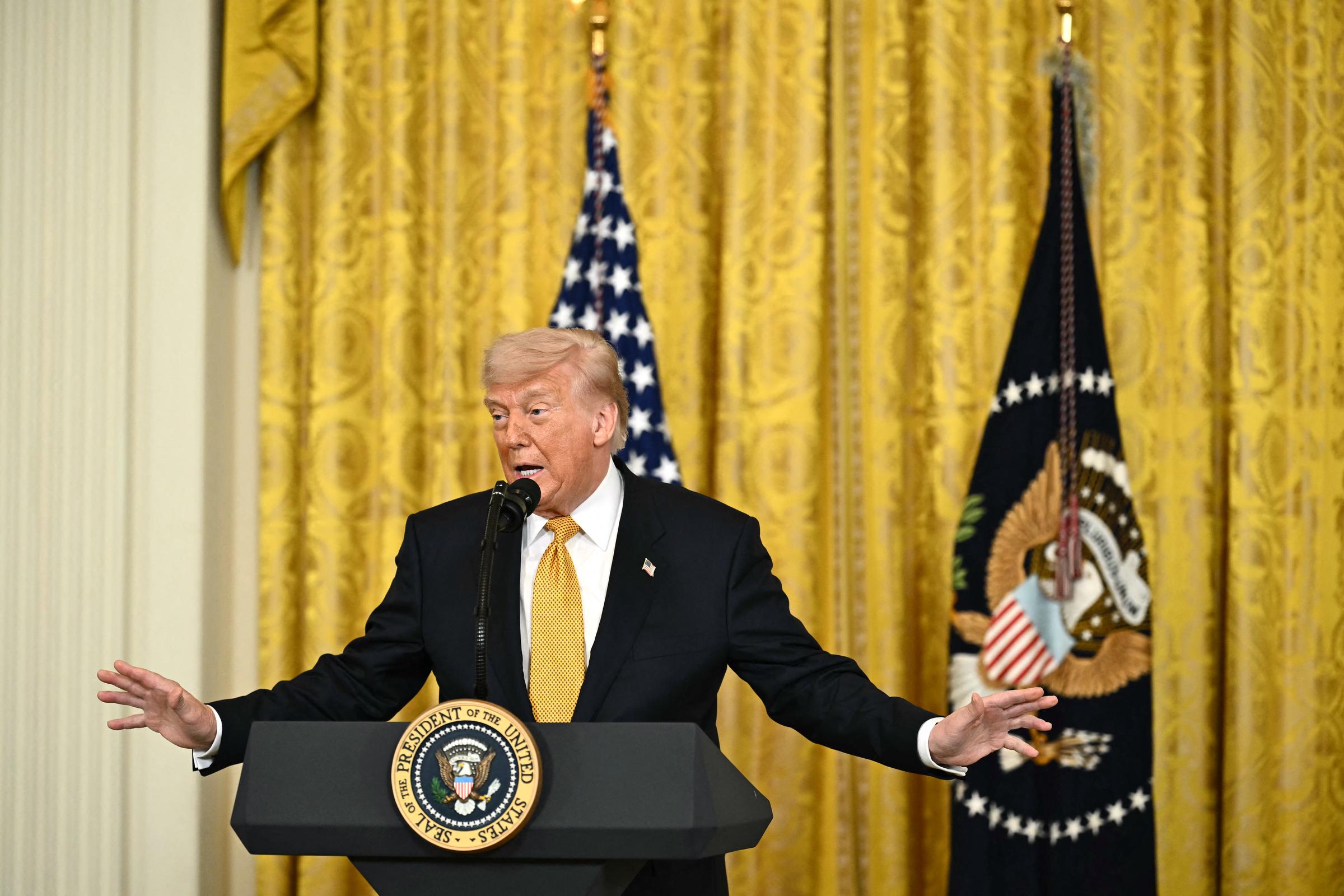 Donald Trump participates in a Military Mother's Day Event in the East Room of the White House on May 6, 2026, in Washington, DC | Source: Getty Images