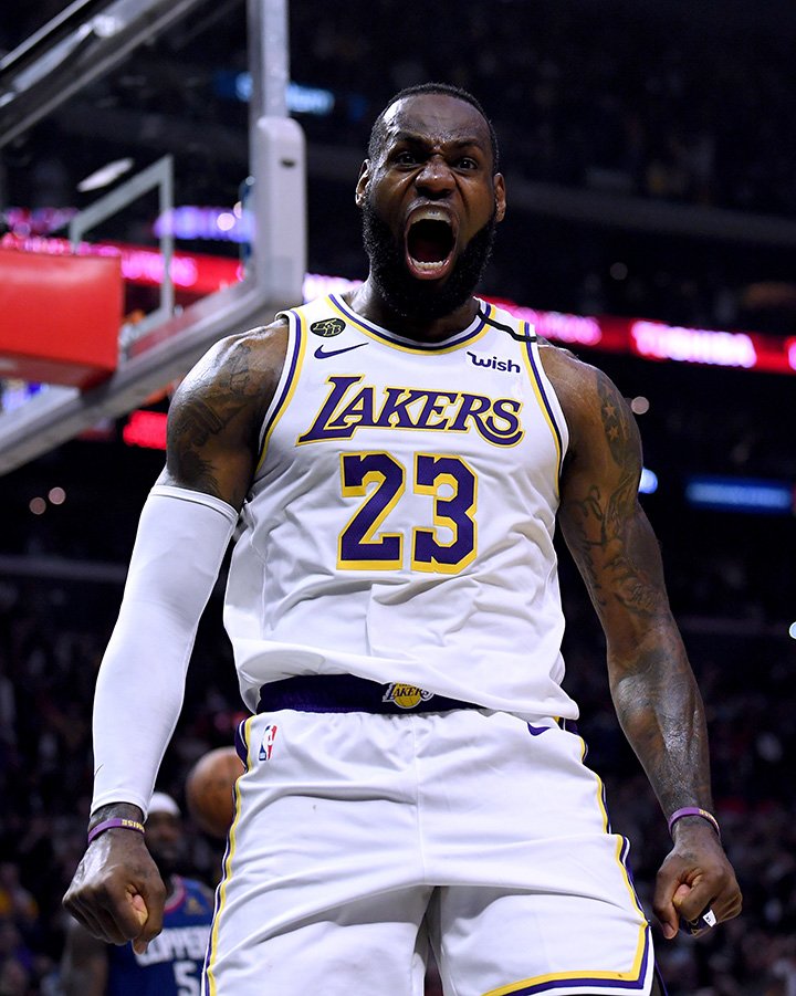 LeBron James celebrating his basket and LA Clippers foul during a 112-103 Lakers win at Staples Center in Los Angeles in March 2020. I Image: Getty Images.