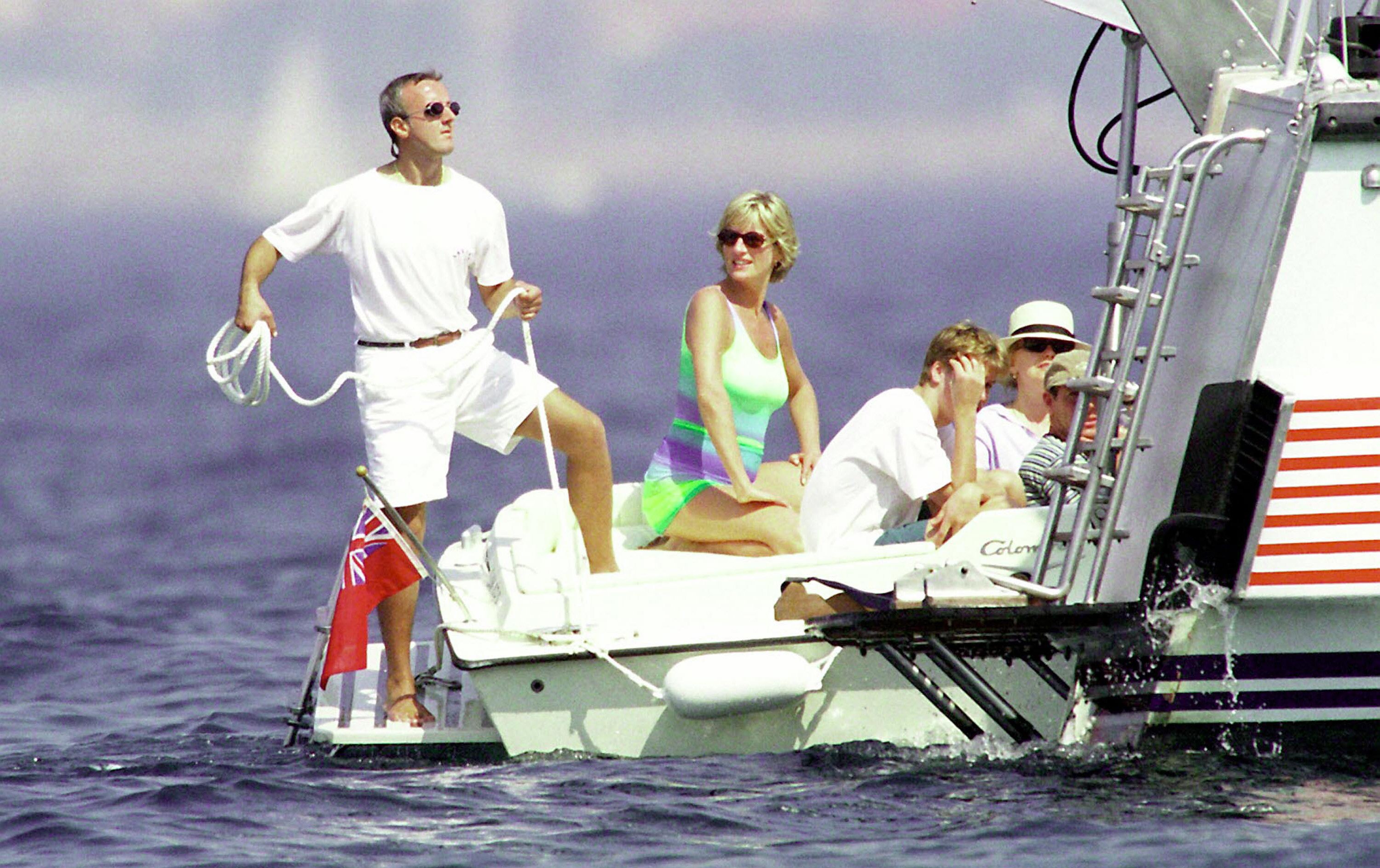 Diana, Princess of Wales and son Prince William are seen holidaying with Dodi Al Fayed (not pictured) in St Tropez, France. July 17 1997 | Source: Getty Images