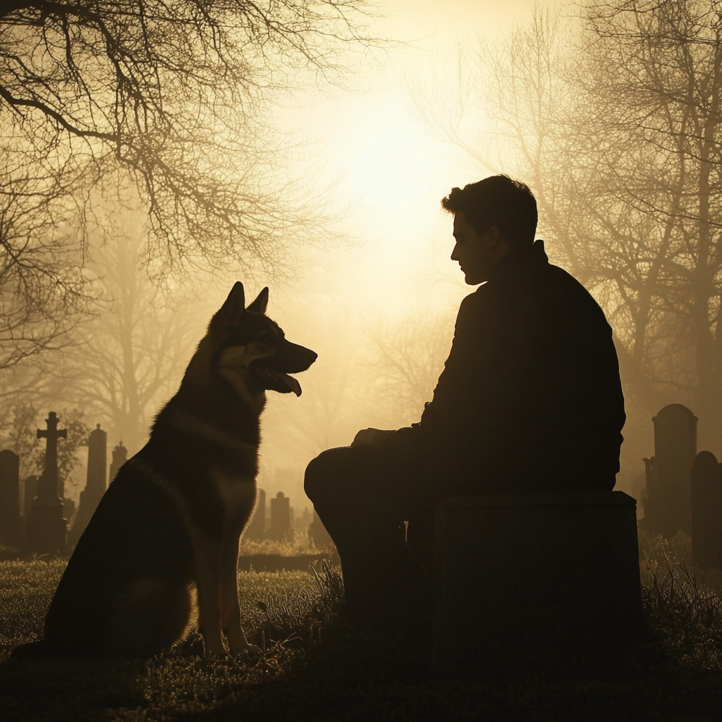 Silhouette of a young man and a German Shepherd sitting in a cemetery | Source: Midjourney