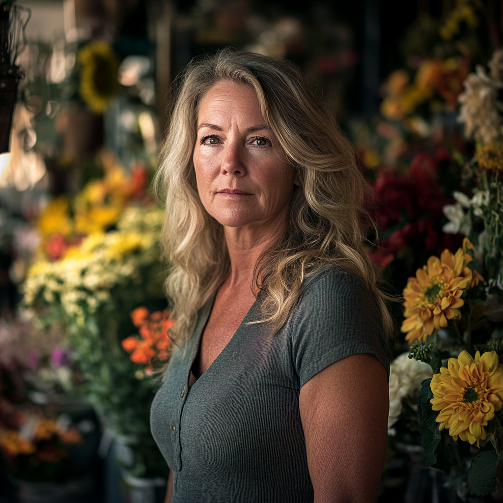 A woman with blonde hair standing in a flower shop | Source: Midjourney