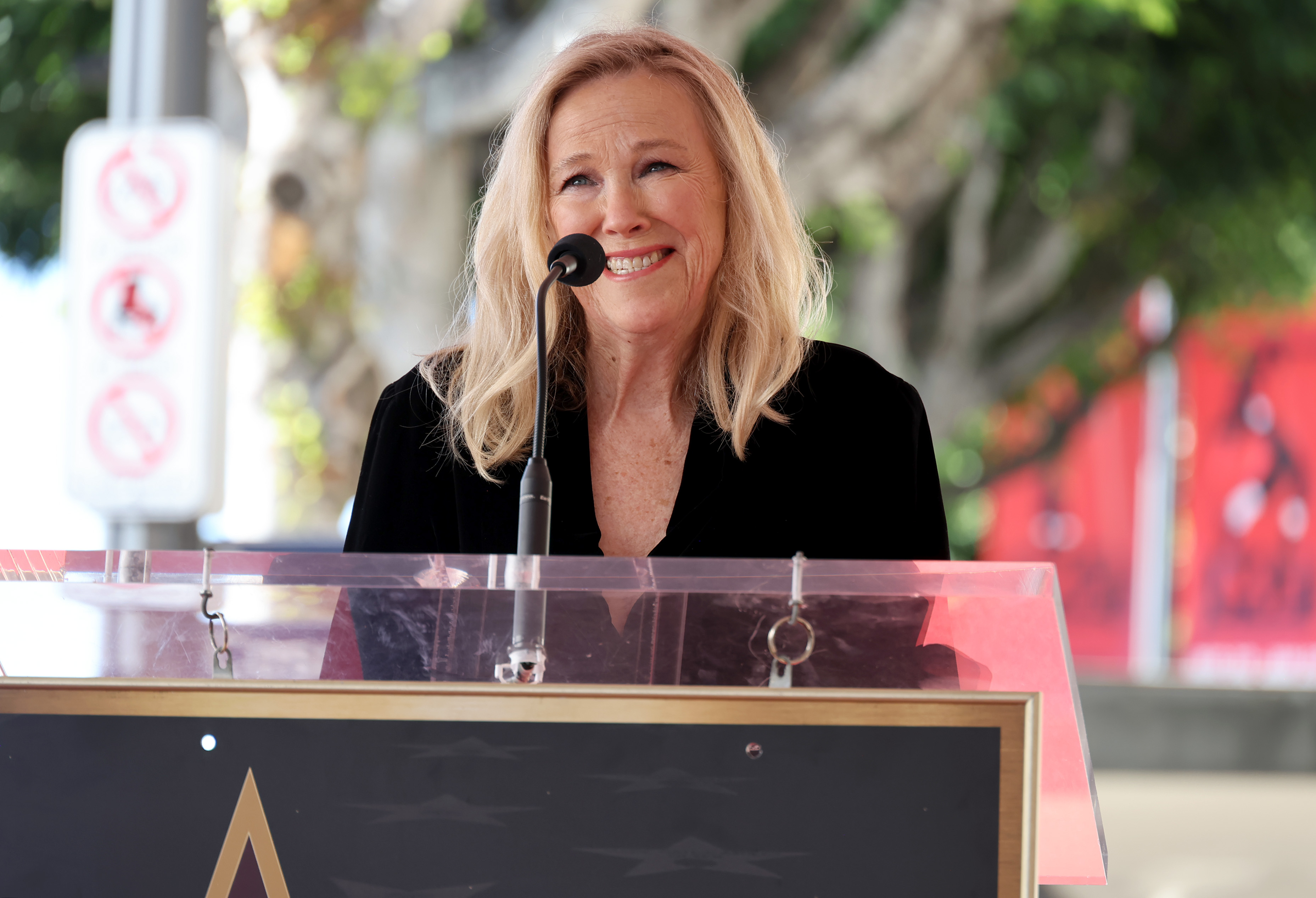 Catherine O'Hara speaks during the ceremony honoring Macaulay Culkin at the Hollywood Walk of Fame on December 01, 2023 in LA, California | Source: Getty Images