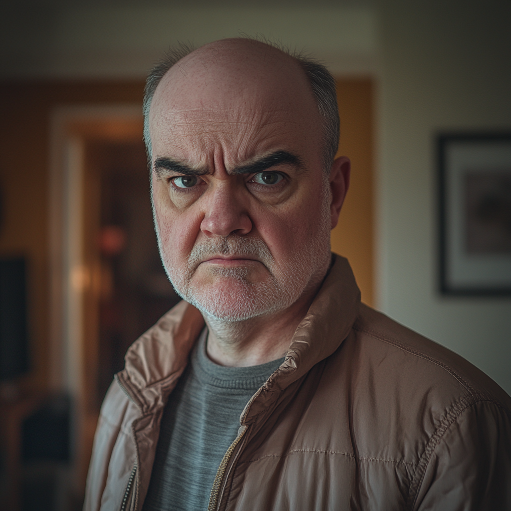 An angry middle-aged man standing in a house | Source: Midjourney