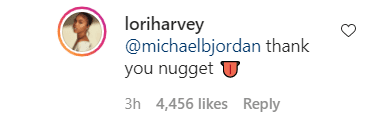 Lori Harvey's reply to her beau Michael Jordan's comment on her post. | Photo: Instagram/Loriharvey