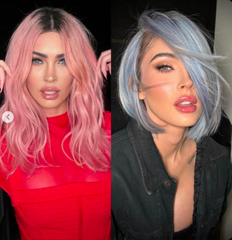 Side-by-side photos of Megan Fox with her pink hair and her current blue hairstyle posted on April 2, 2024 | Source: Instagram/dimitrishair