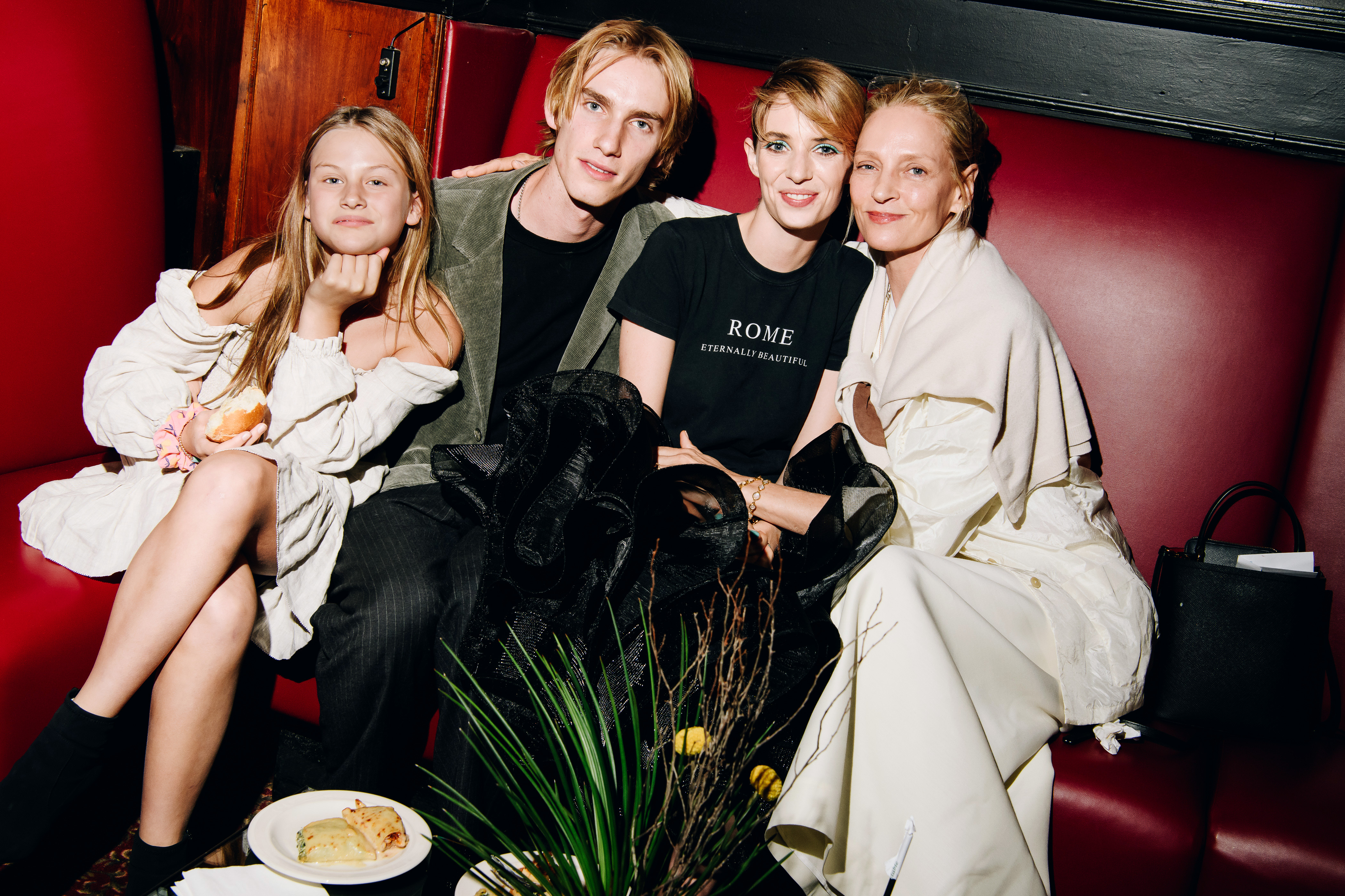 Luna Thurman-Busson, Levon Hawke, Maya Hawke, and Uma Thurman at the New York premiere of "Asteroid City" held at Alice Tully Hall on June 13, 2023. | Source: Getty Images