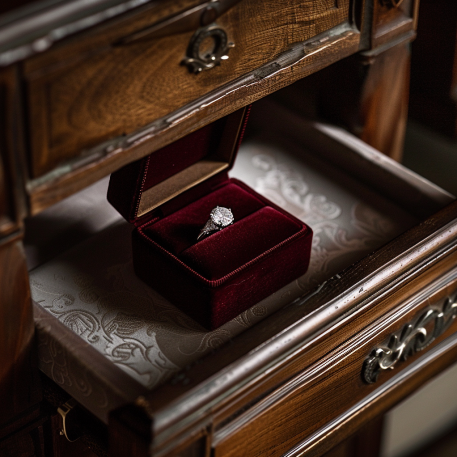 A small velvet box containing a diamond ring lying in an open drawer | Source: Midjourney