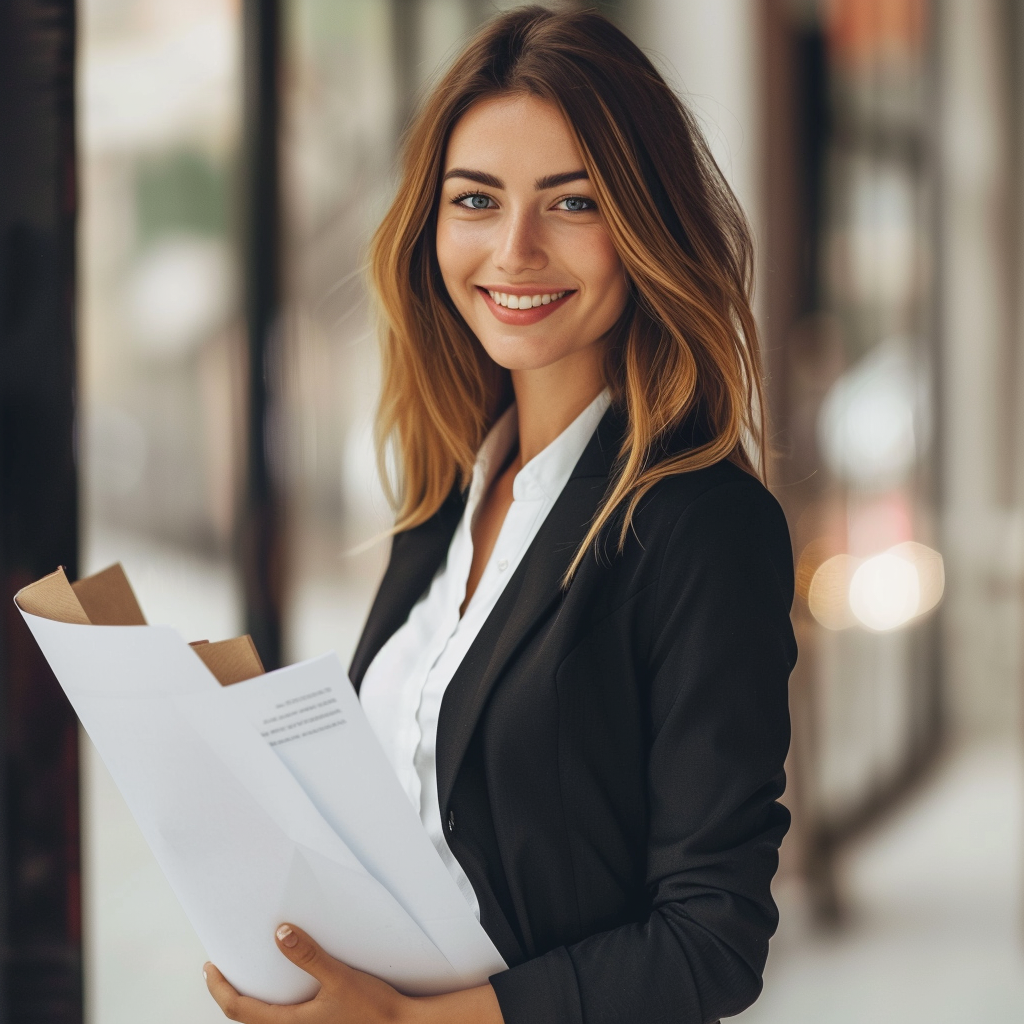 A woman in a business suit holding paperwork | Source: Midjourney