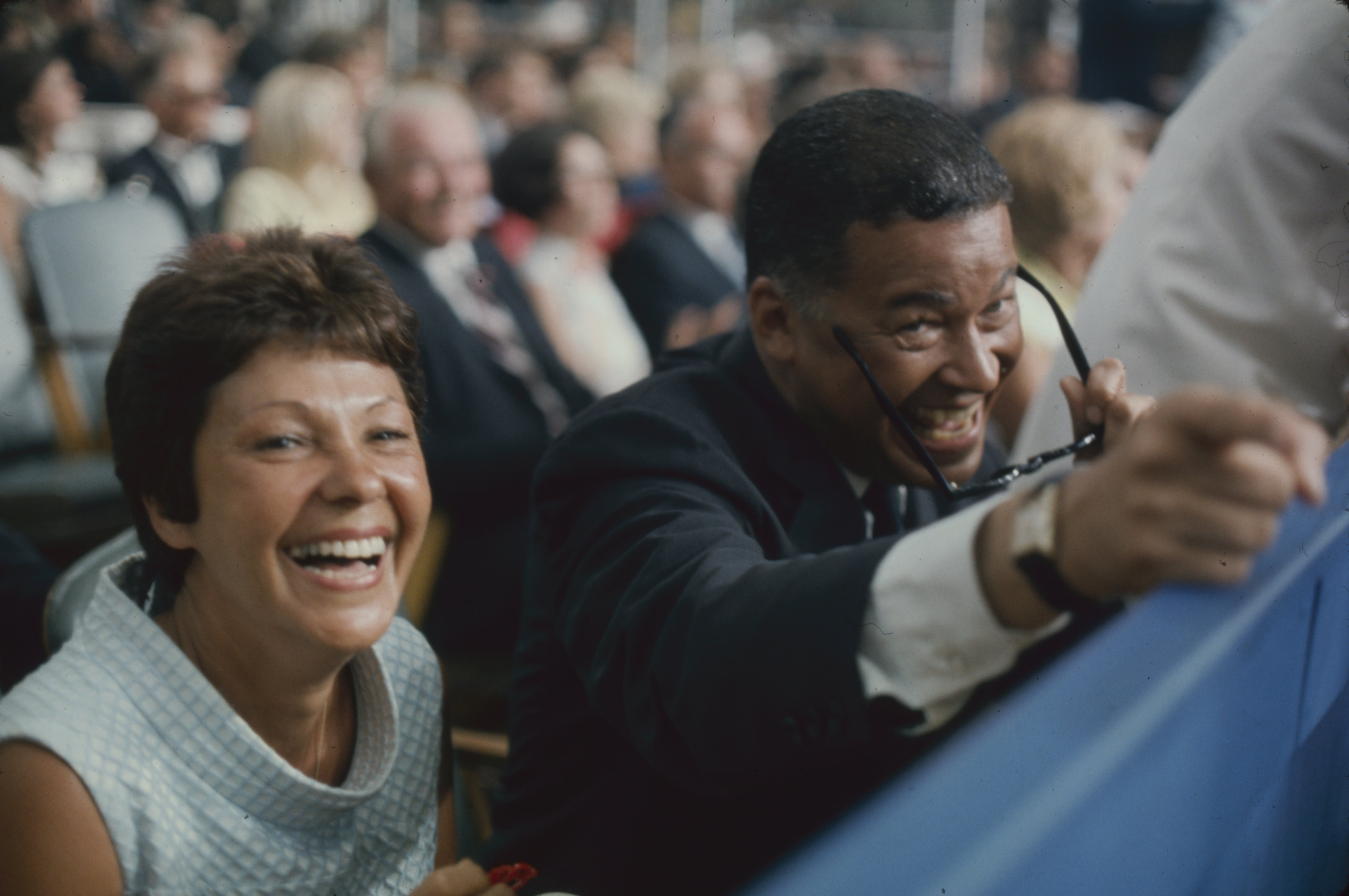 American politician Senator Edward Brooke and his wife, Remigia  laugh from their seats during Republican National Convention at the Miami Beach Convention Center, Miami Beach, Florida, August 8, 1968. | Source: Getty Images