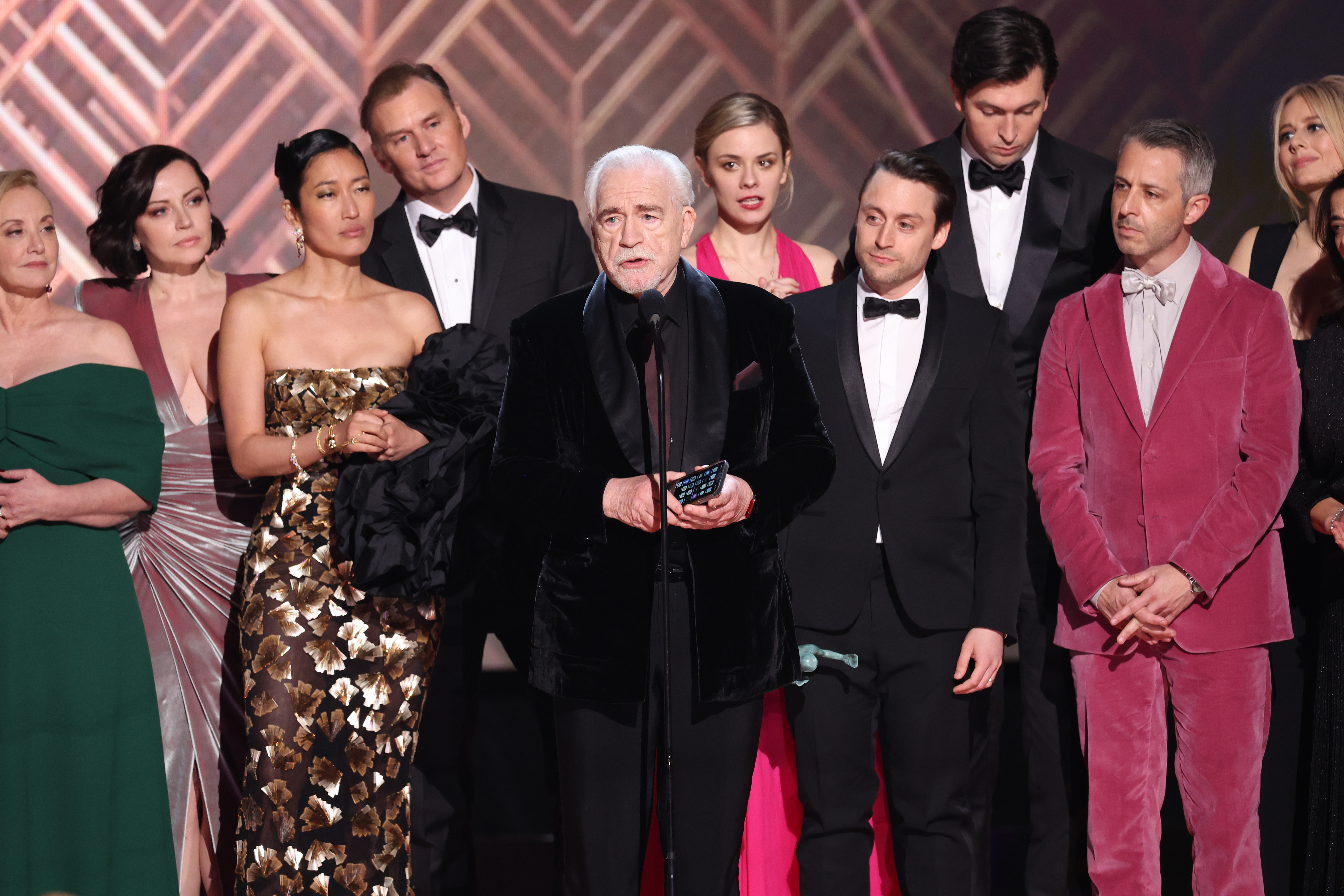 Justine Lupe and her fellow "Succession" cast members accept the award for Outstanding Performance by an Ensemble in a Drama Series for "Succession" onstage during the 28th Annual Screen Actors Guild Awards at Barker Hangar on February 27, 2022, in Santa Monica, California | Source: Getty Images