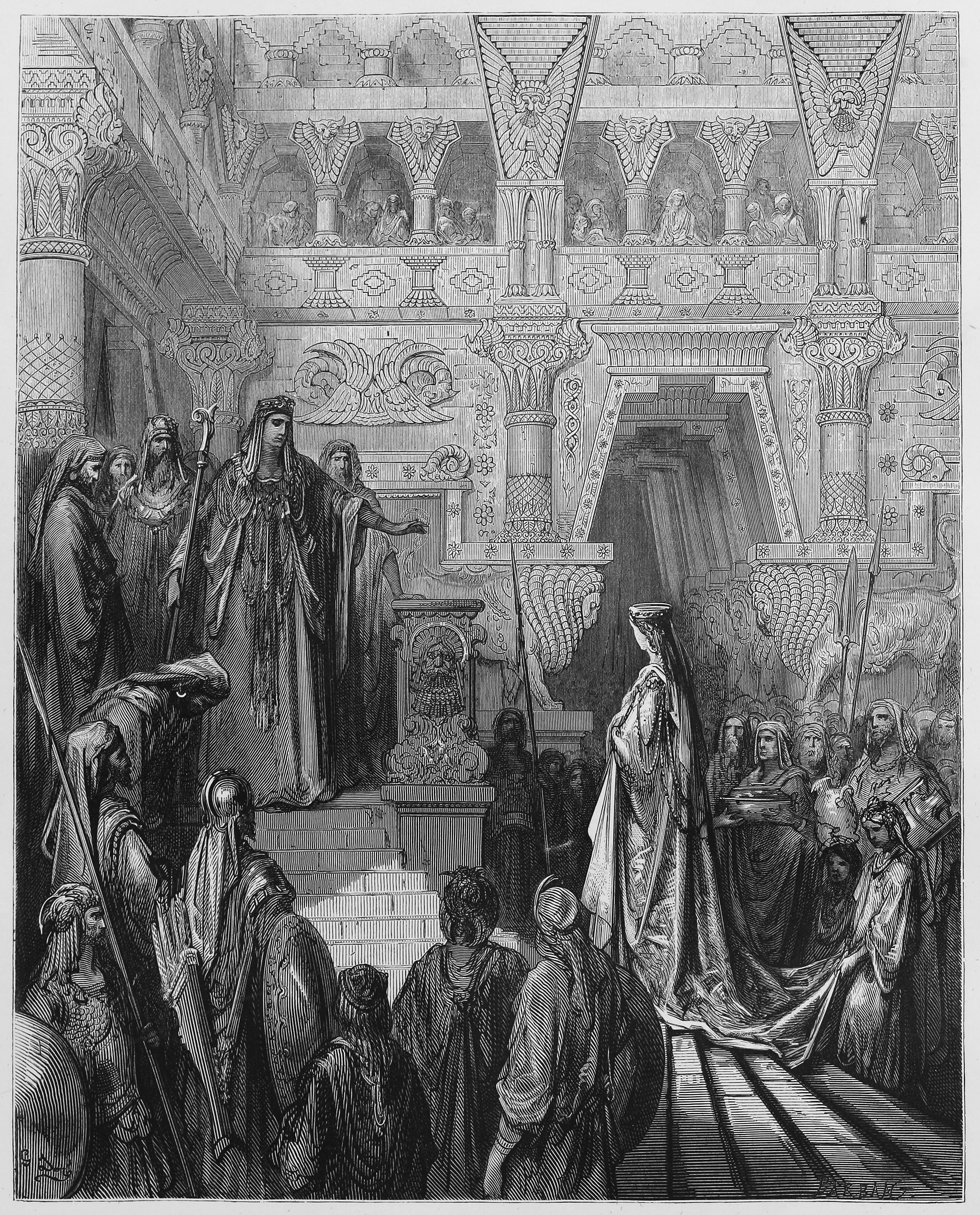 King Solomon received in the palace. Picture from The Holy Scriptures, Old and New Testaments books collection published in 1885, Stuttgart-Germany. |Photo: Shutterstock.