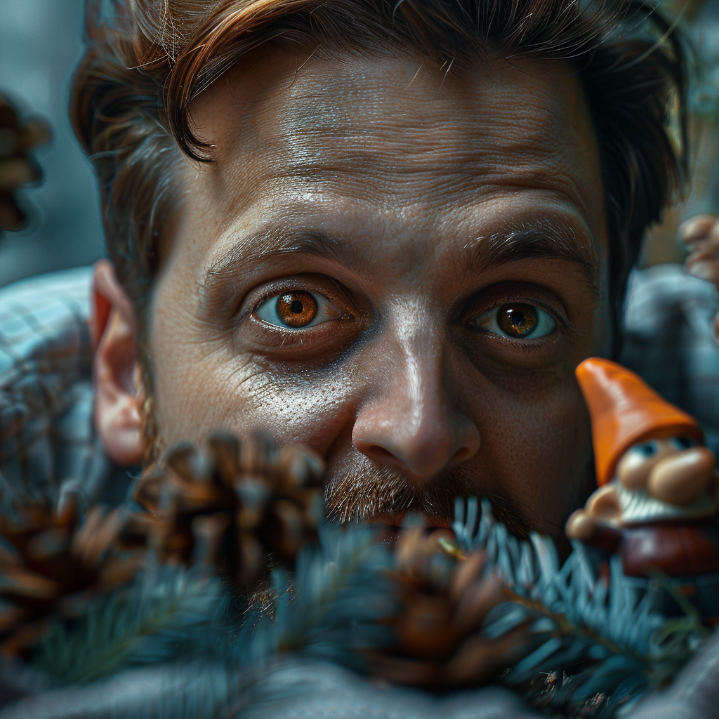 Startled man staring at a gnome figurine | Source: Midjourney