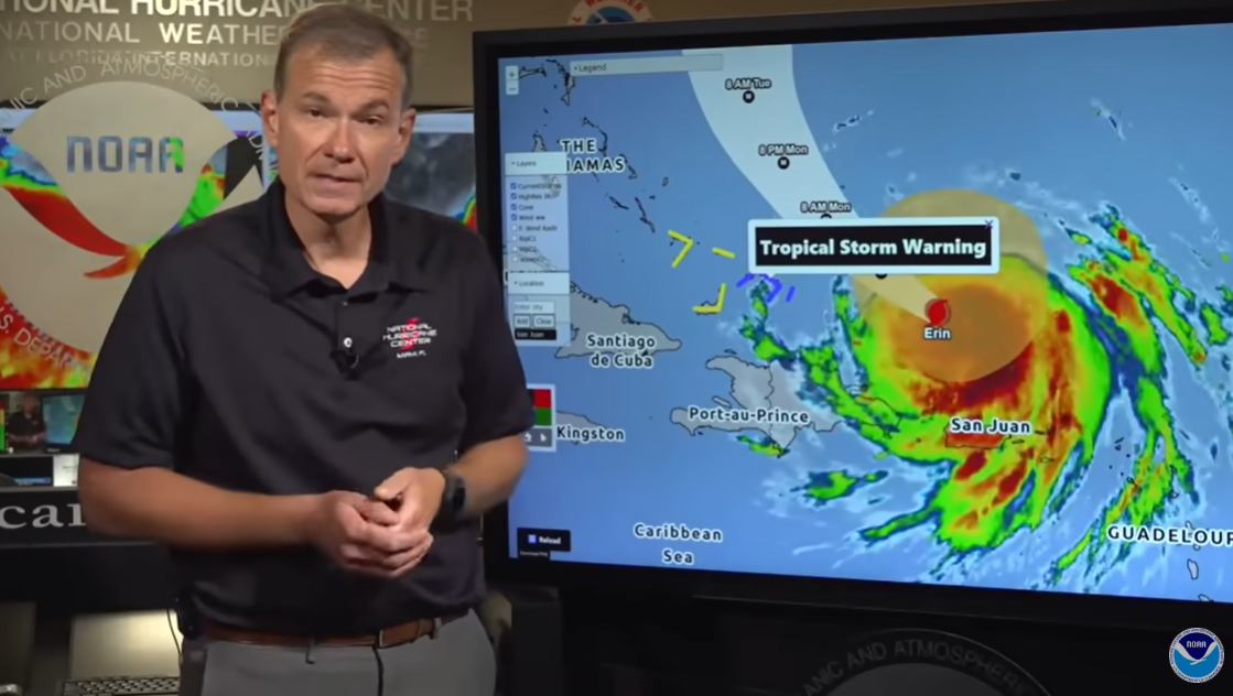 National Hurricane Center Deputy Director Jamie Rhome delivers a live briefing on Major Hurricane Erin, highlighting Tropical Storm Warnings in the Caribbean, on August 17, 2025 | Source: YouTube/nwsnhc
