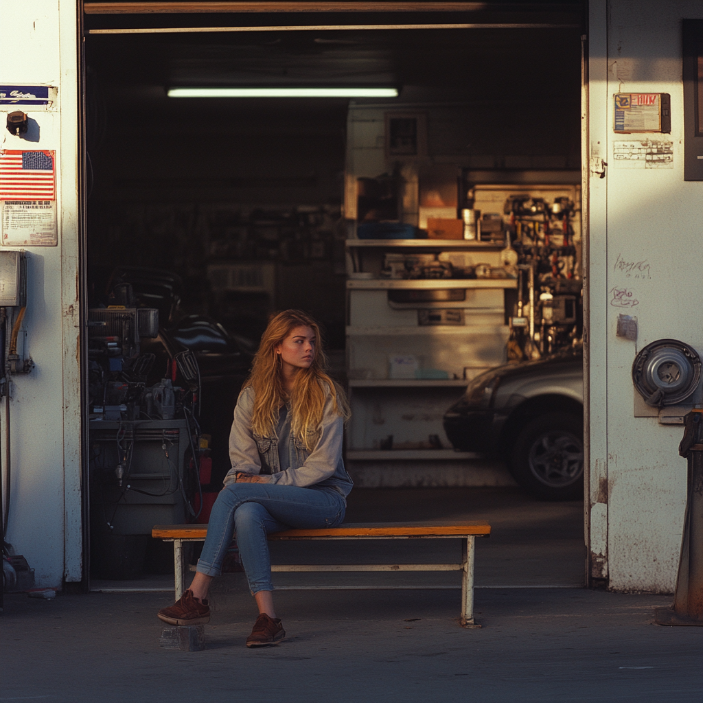 A young woman sitting on a bench | Source: Midjourney