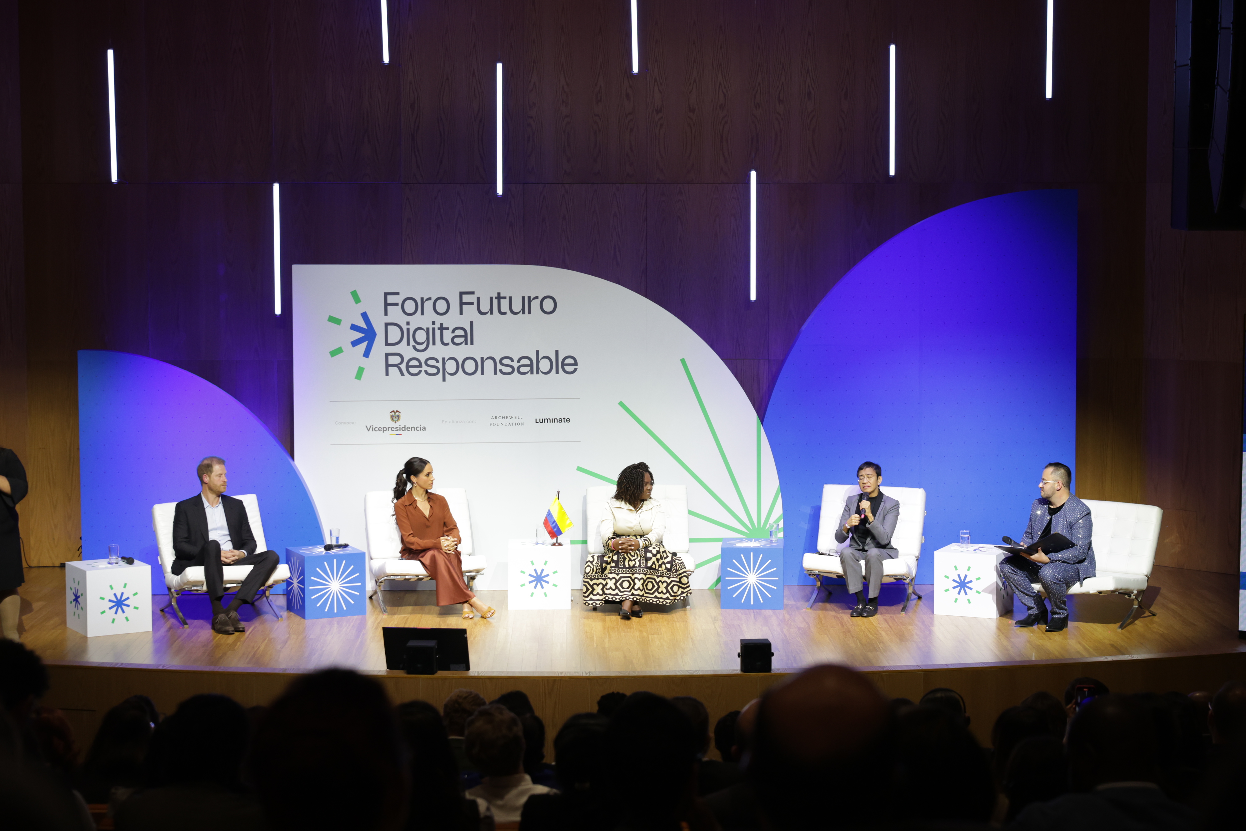 Prince Harry, Duke of Sussex, Meghan, Duchess of Sussex, Colombia Vice President Francia Márquez, Maria Ressa, and Felipe Galvis are seen at a Summit on Responsible Digital Future in Bogota, Colombia, on August 15, 2024 | Source: Getty Images