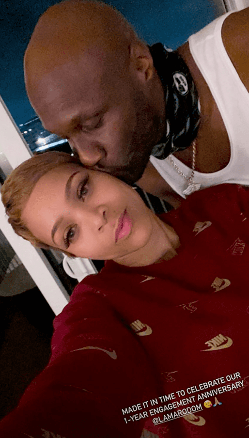 A picture of Sabrina Parr and her fiance, Lamar Odom, cozying up as they celebrate their anniversary on Instagram story | Photo: Instagram/getuptoparr