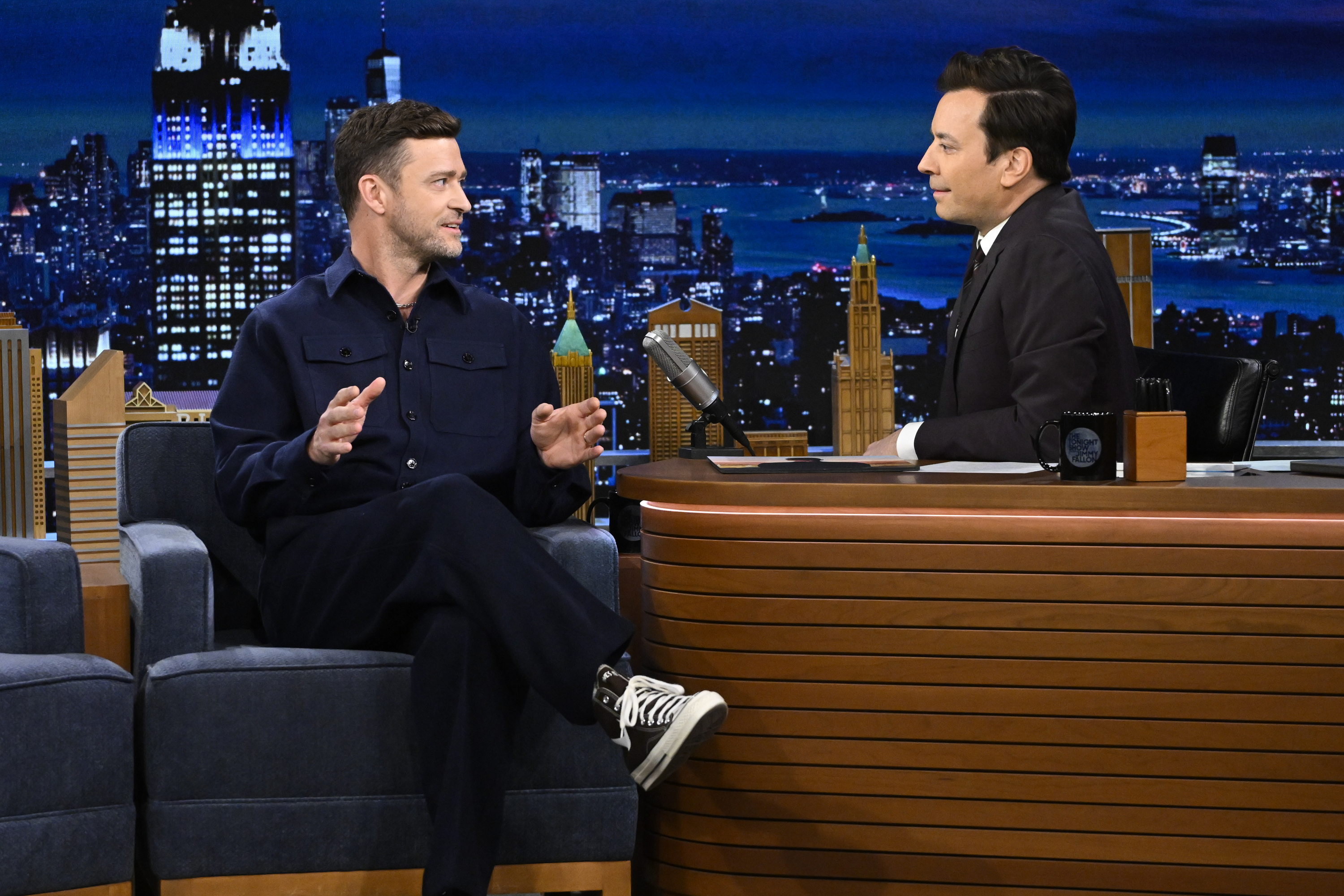 Justin Timberlake during an interview with host Jimmy Fallon in New York City on January 25, 2024 | Source: Getty Images