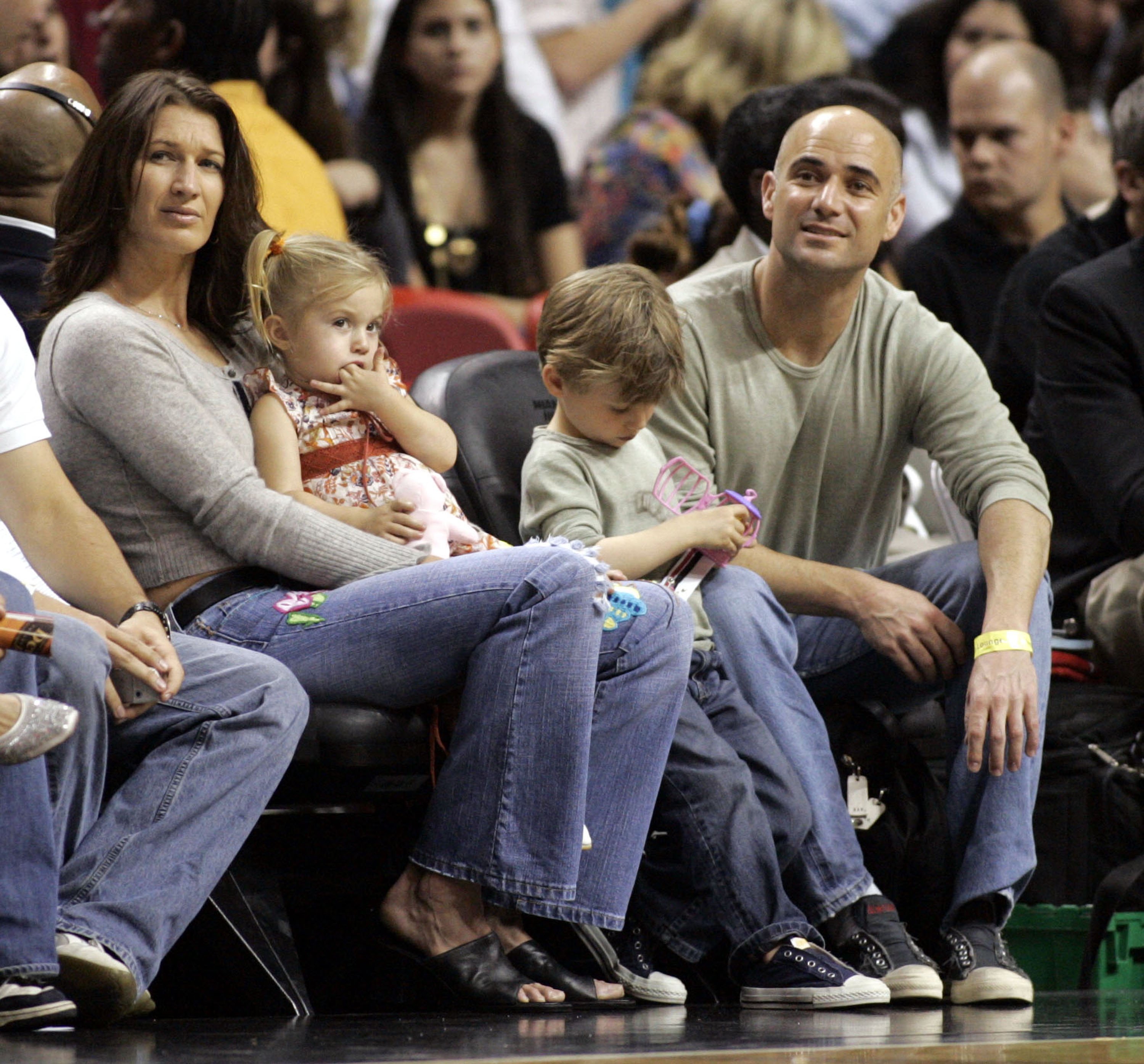 Steffi Graf and Andre Agassi with their children Jaz Elle and Jaden, watch the game between Sacramento Kings and Miami Heat at the American Airlines Arena on January 22, 2006, in Miami, Florida. | Source: Getty Images