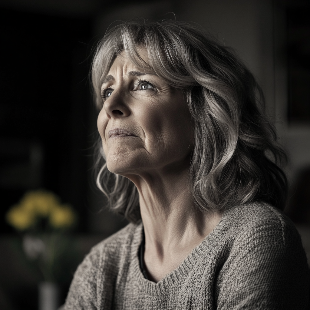 A grayscale photo of a senior woman looking sad and desperate | Source: Midjourney