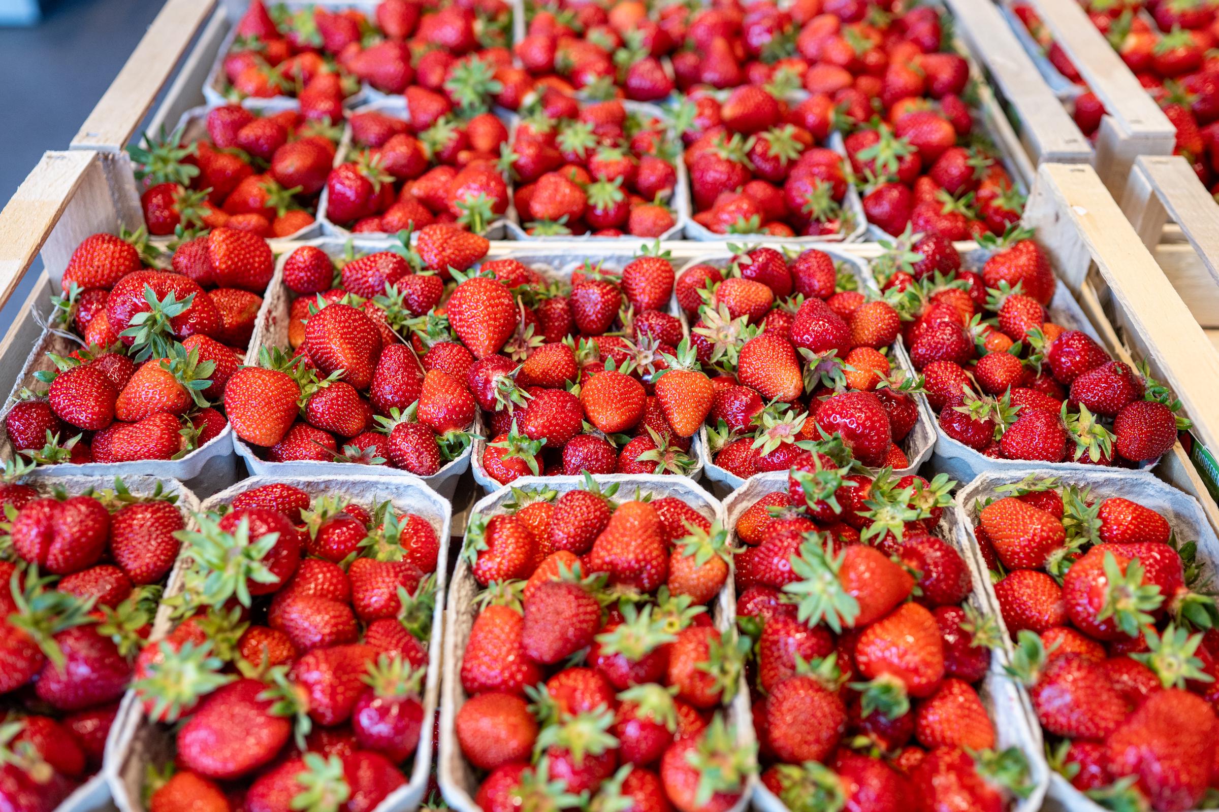 Strawberries offered for sale in trays, | Source: Getty Images