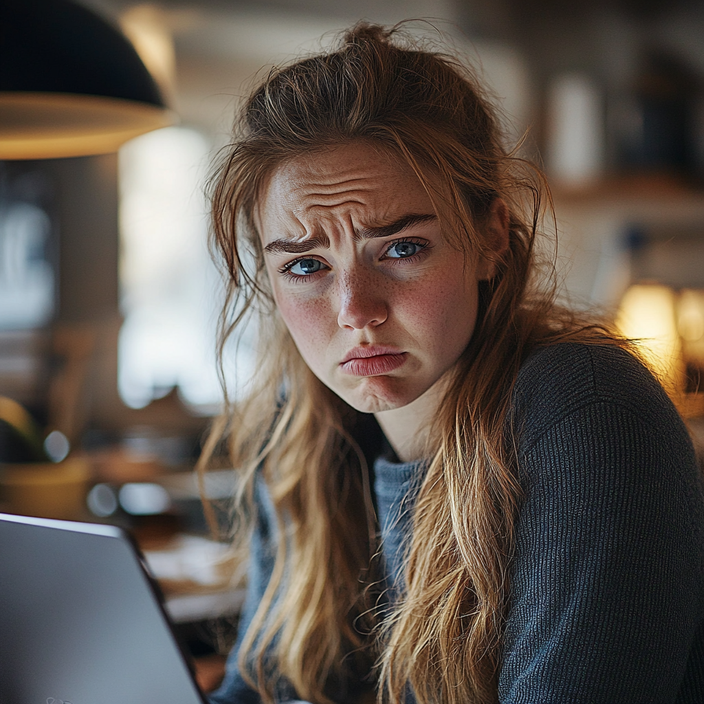 A woman looks sad and frustrated while using her laptop | Source: Midjourney