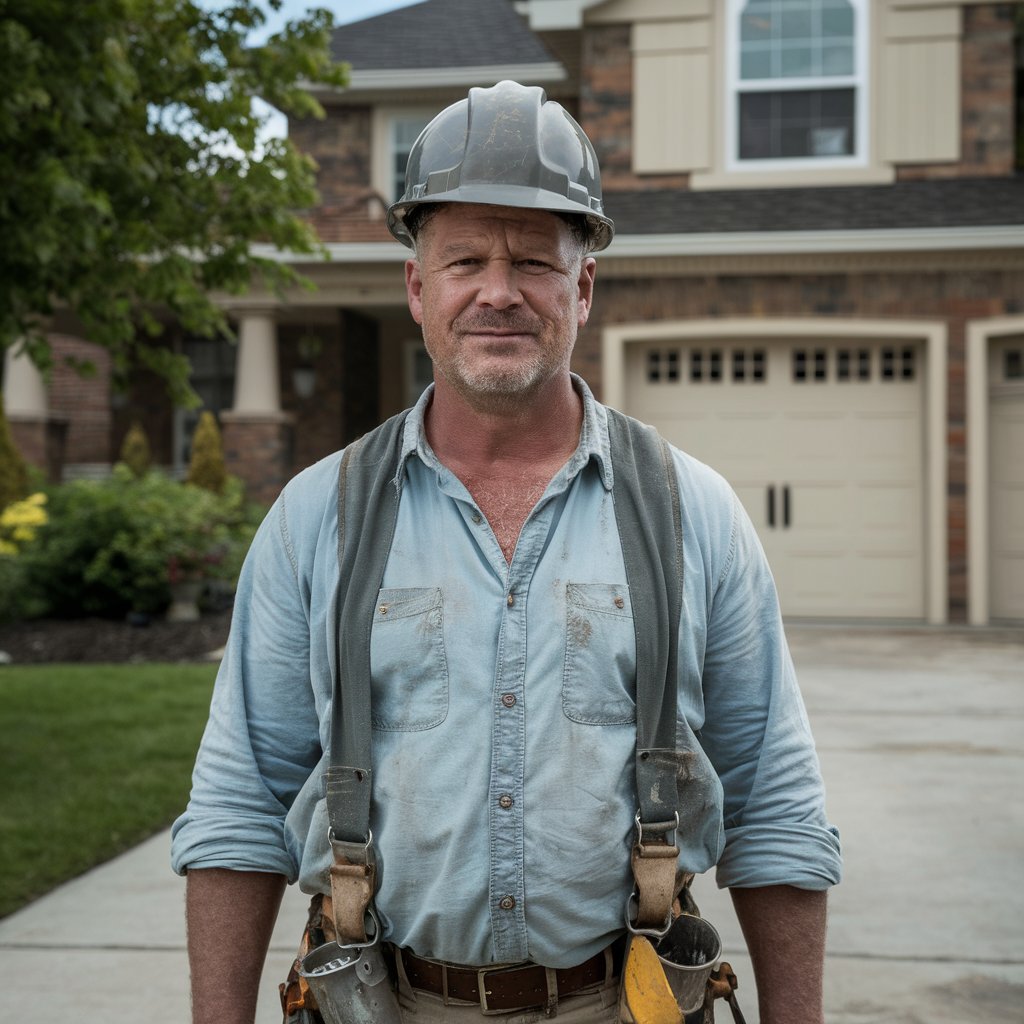 A man in construction regalia smiling ruefully | Source: Midjourney