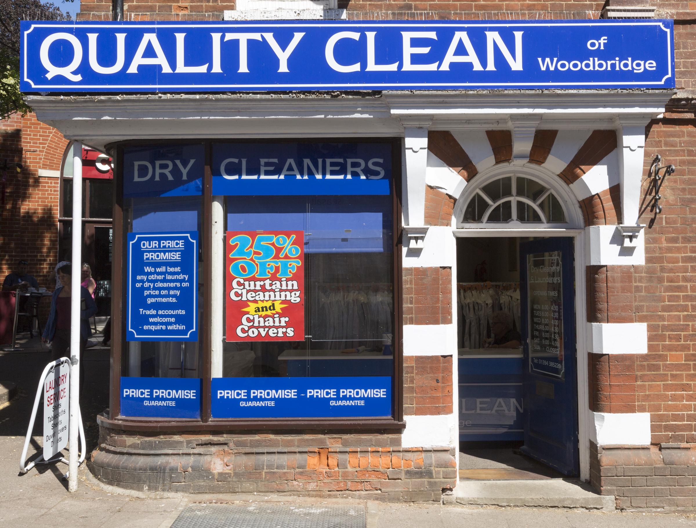 Tne facade of the dry cleaning shop, Quality Clean, in England | Source: Getty Images