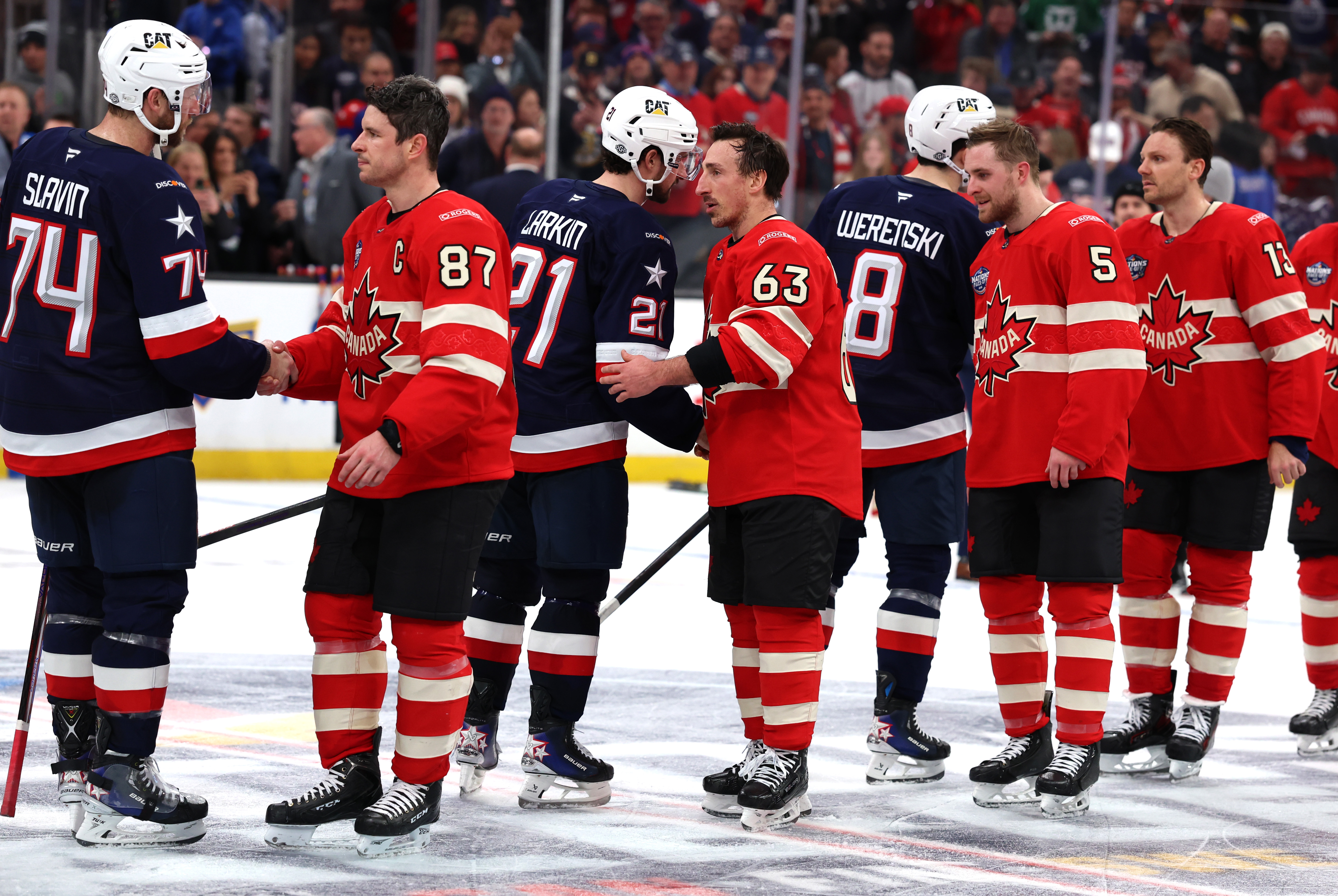 Team United States and Team Canada shake hands after the 4 Nations Face-Off Championship game on February 20, 2025 | Source: Getty Images