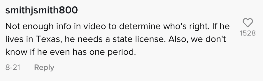 Commenters react to an officer who claimed a man was in violation of Texan law because he did not have license from that state | Photo: TikTok/notthisagainla