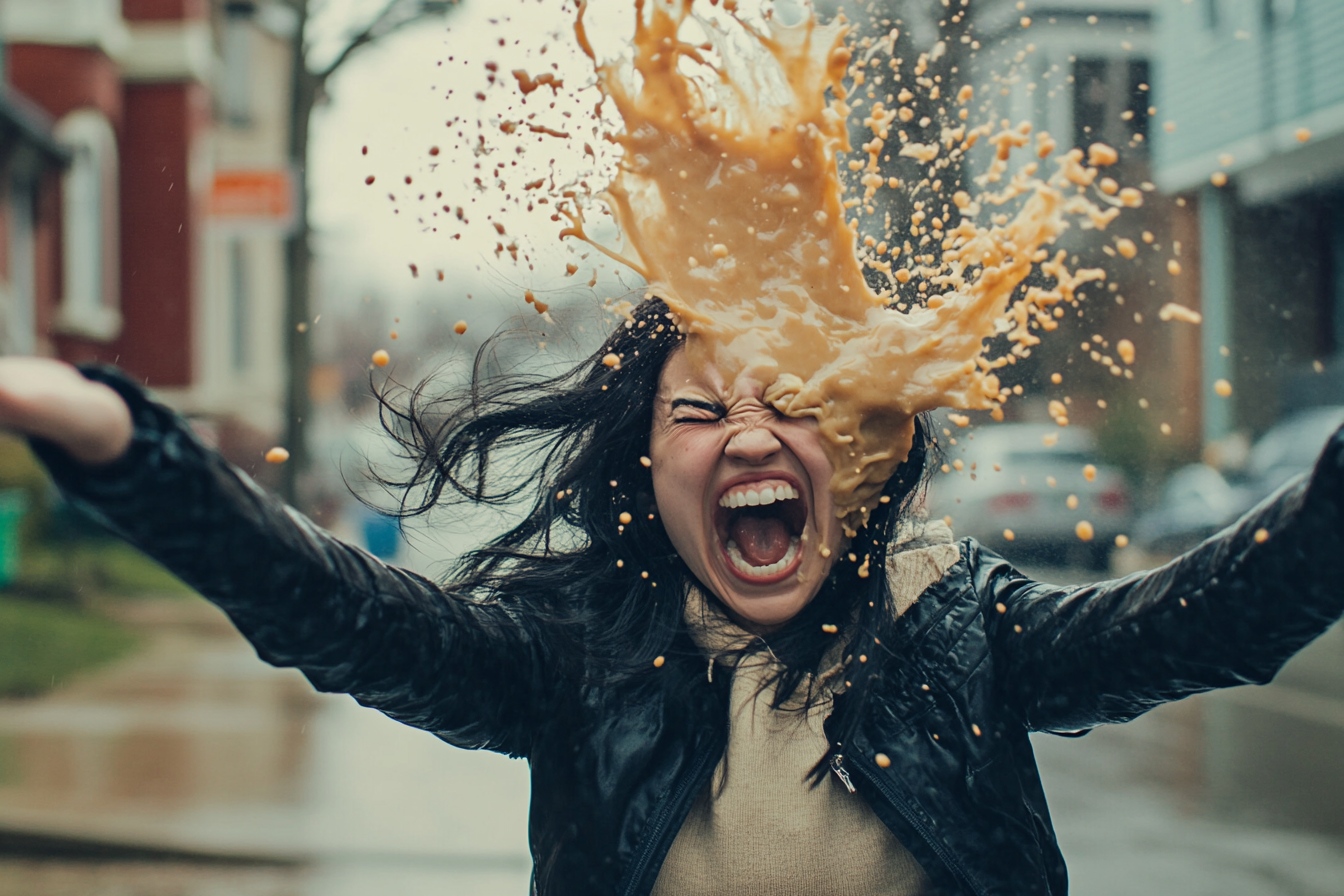 A woman getting splashed in the face with soup | Source: Midjourney