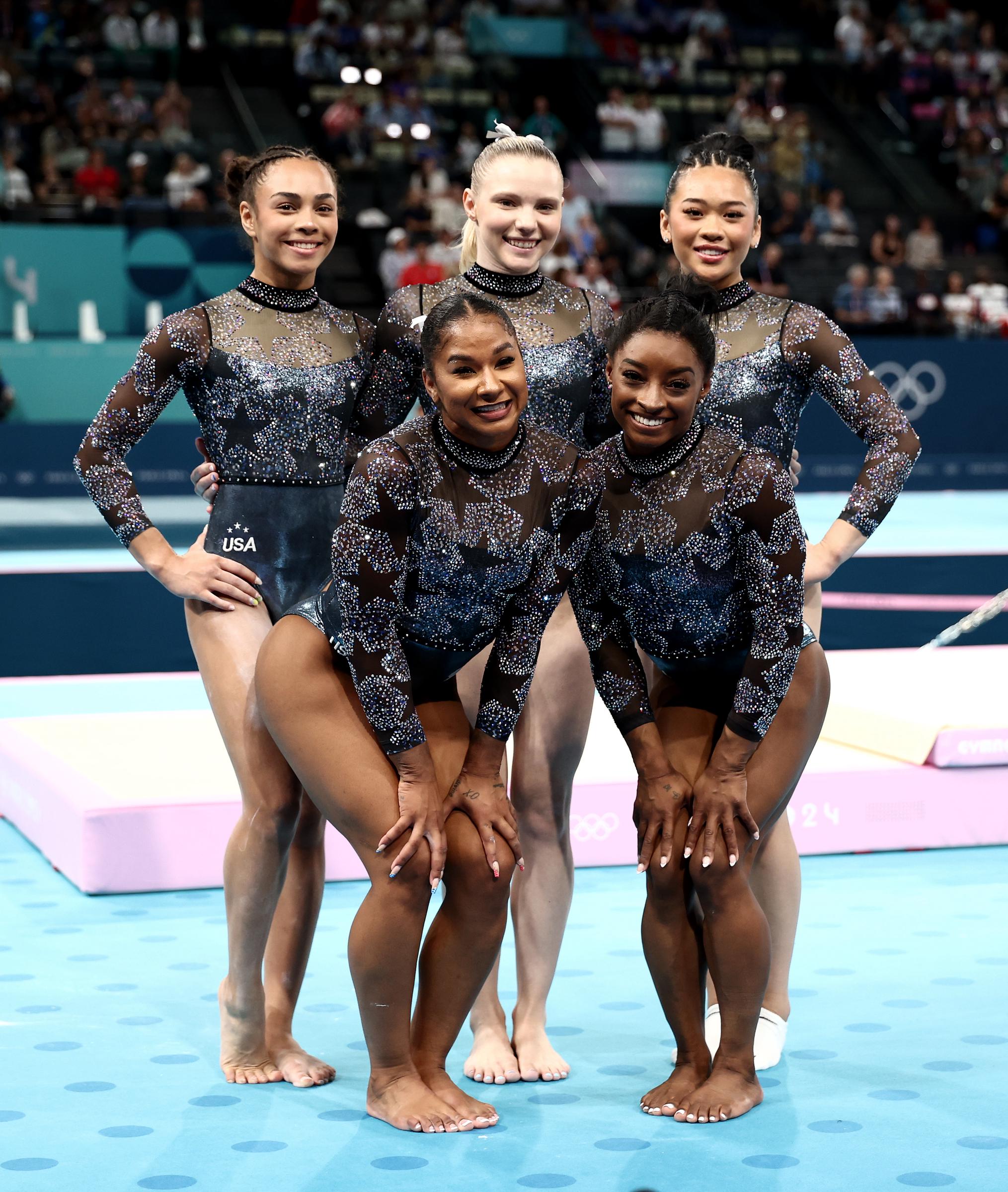 Hezly Rivera, Jade Carey, Sunisa Lee, Jordan Chiles, and Simone Biles of Team US pose during the Artistic Gymnastics Women's Qualification at the Paris Olympic Games on July 28, 2024, in Paris, France | Source: Getty Images