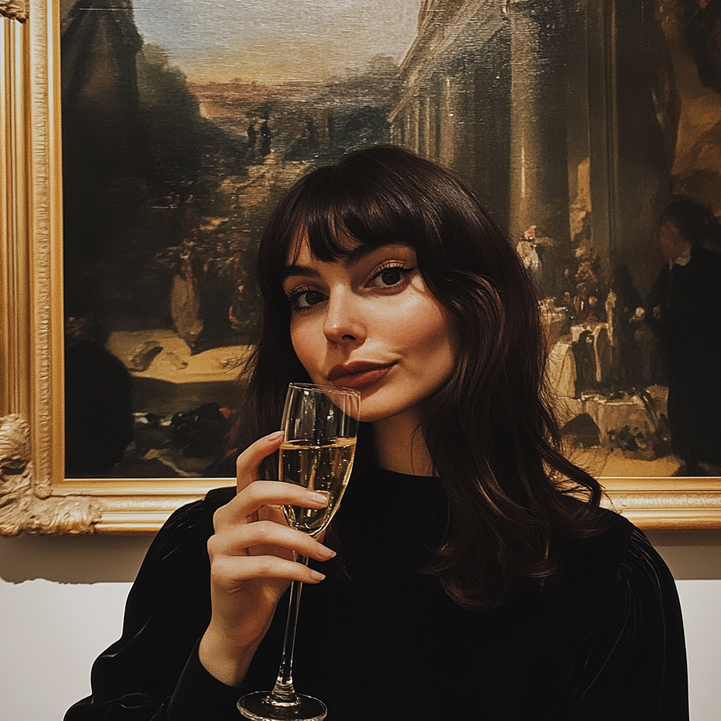 A woman drinking a glass of champagne at an art gallery | Source: Midjourney