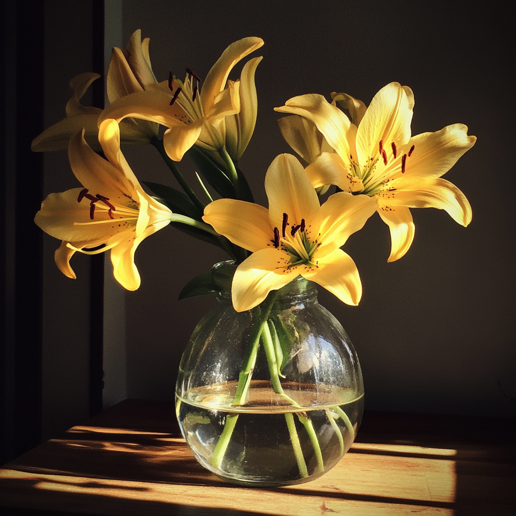 Yellow lilies in a glass vase | Source: Midjourney