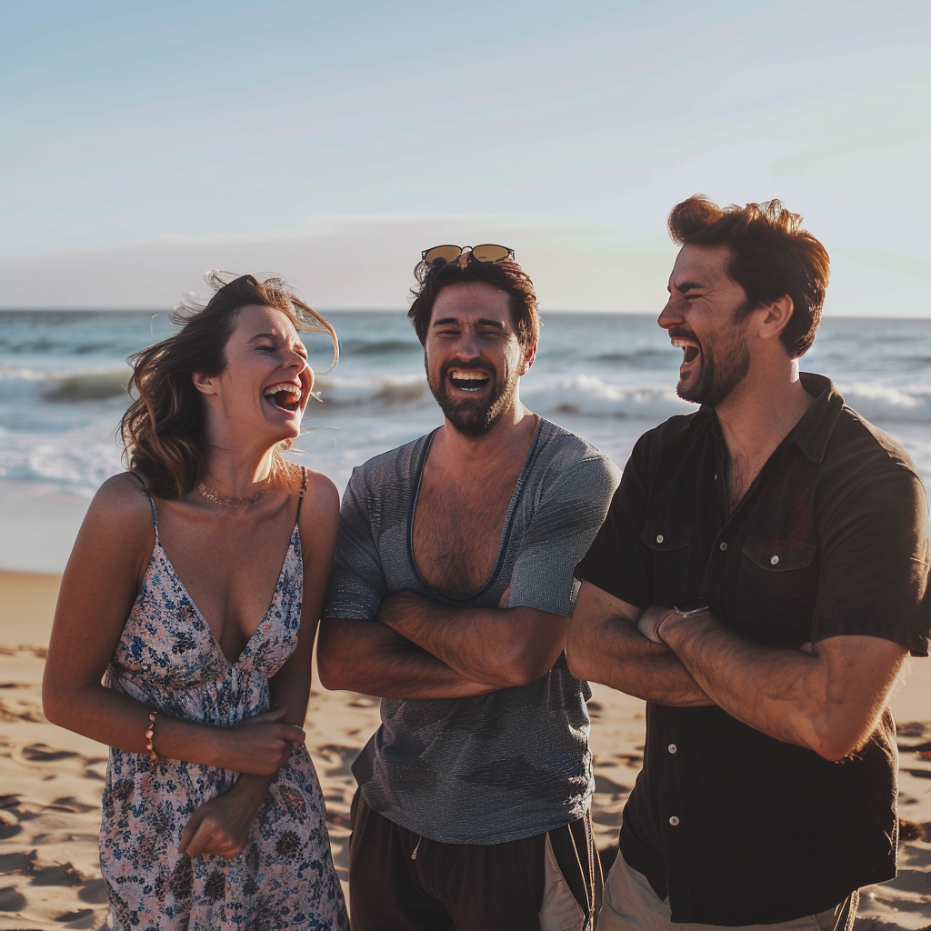 Three people laughing together at the beach | Source: Midjourney