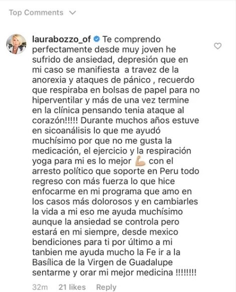 Captura del comentario de Laura Bozzo sobre el comunicado del cantante colombiano J Balvin en su perfil de Instagram. | Foto: Instagram/ JBalvin